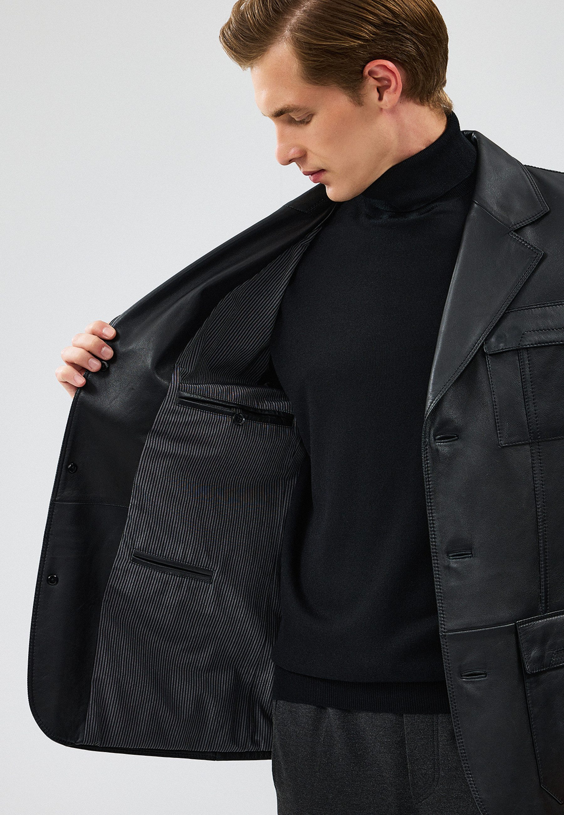 Derimod Lederjacke Kevin Blazer-Lederjacke Regular Fit, Knopfverschluss, Reverskragen, Kurz, Textilfutter