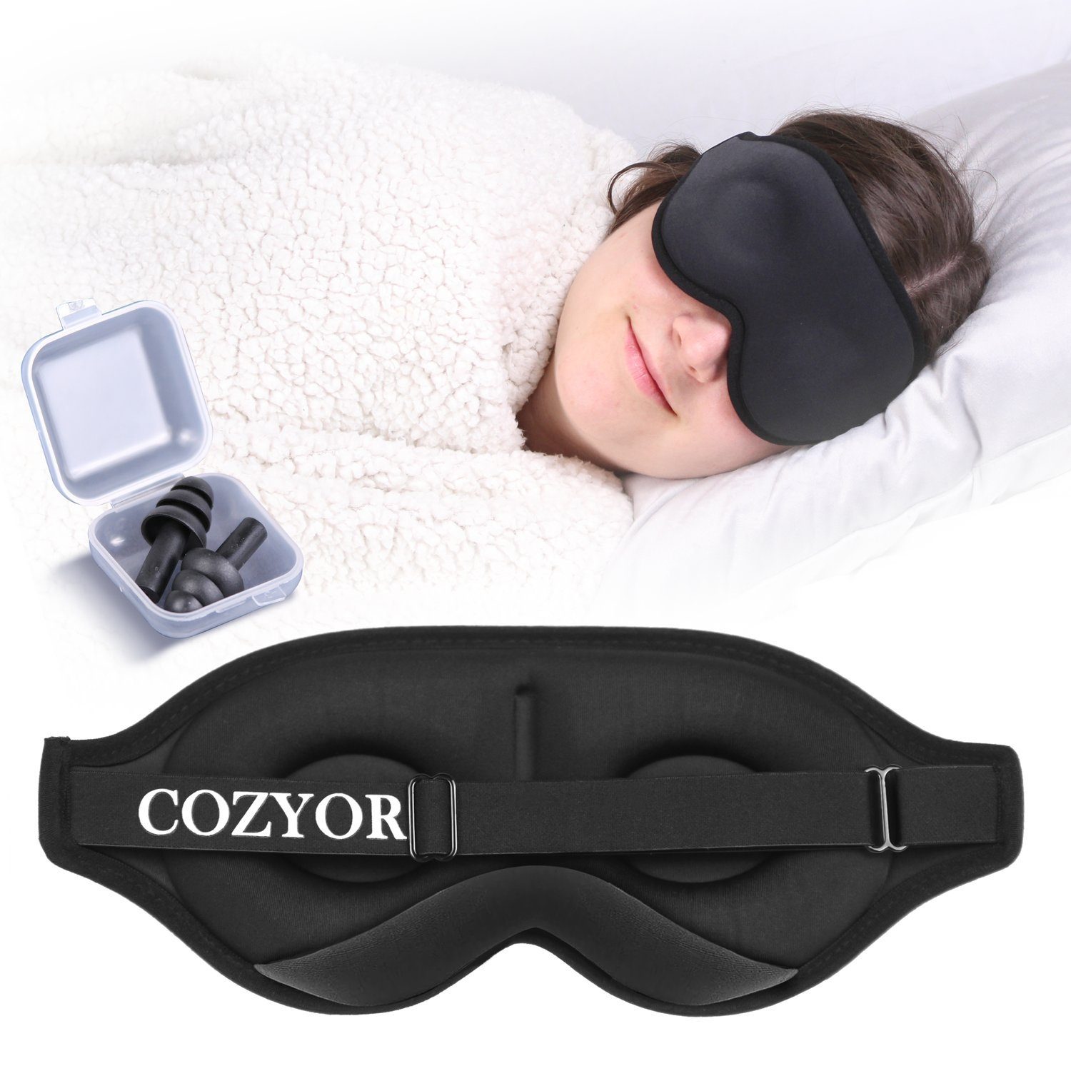 Cozyor Schlafmaske 100% Blackout-Effekt 3D Augenmaske mit ergonomischem Design, Reiseset klein & kompakt, schwarz Eclipse, Schlafmaske mit wiederverwendbaren Ohrstöpseln, extra Polsterung und variable Passform