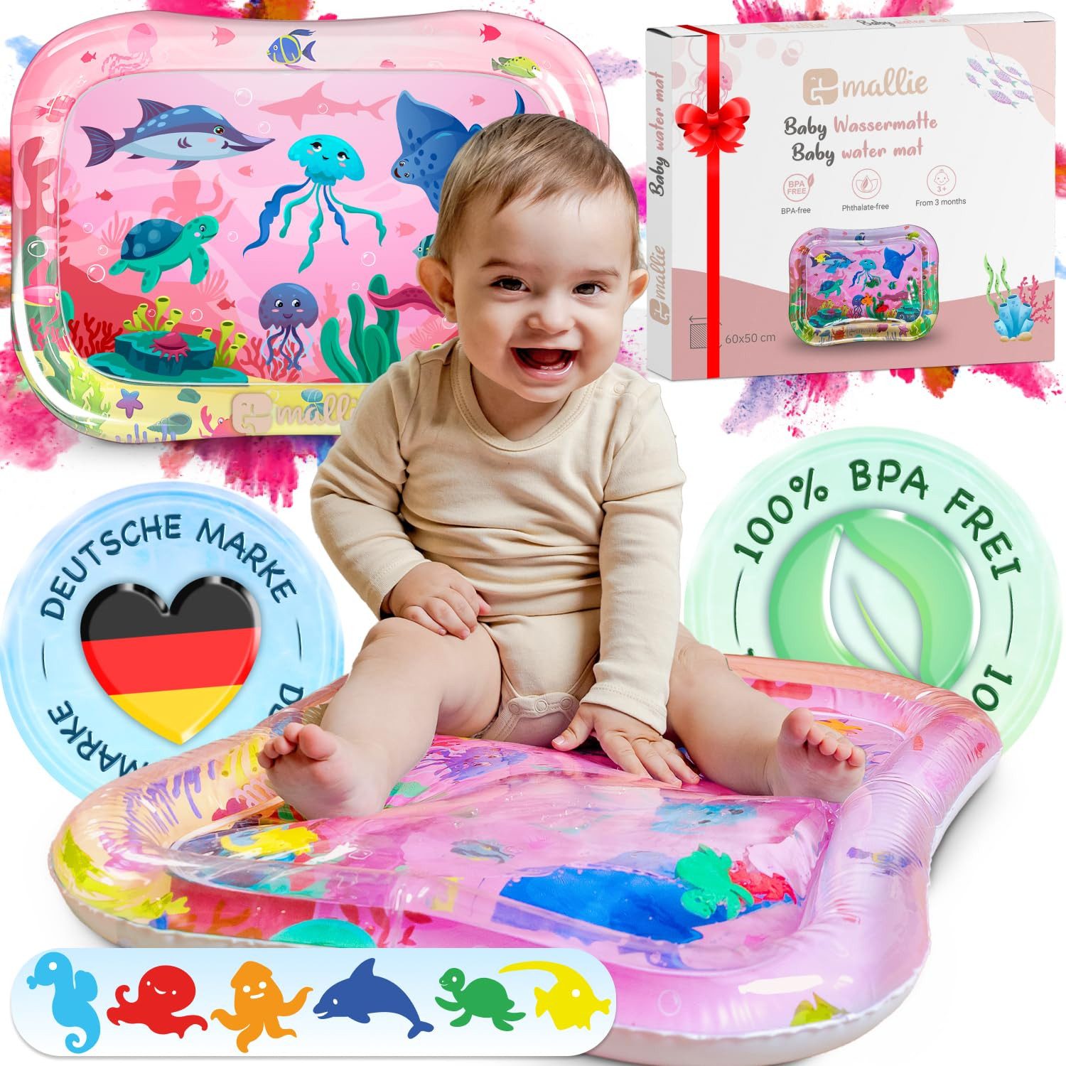 Mallie Spielmatte Original Wassermatte Baby BPA Frei - 66 x 50 cm (Perfektes Tummy Time Toy für die Bauchlage), Wasserspielmatte Baby, Baby Matte, Babymatte für Baby