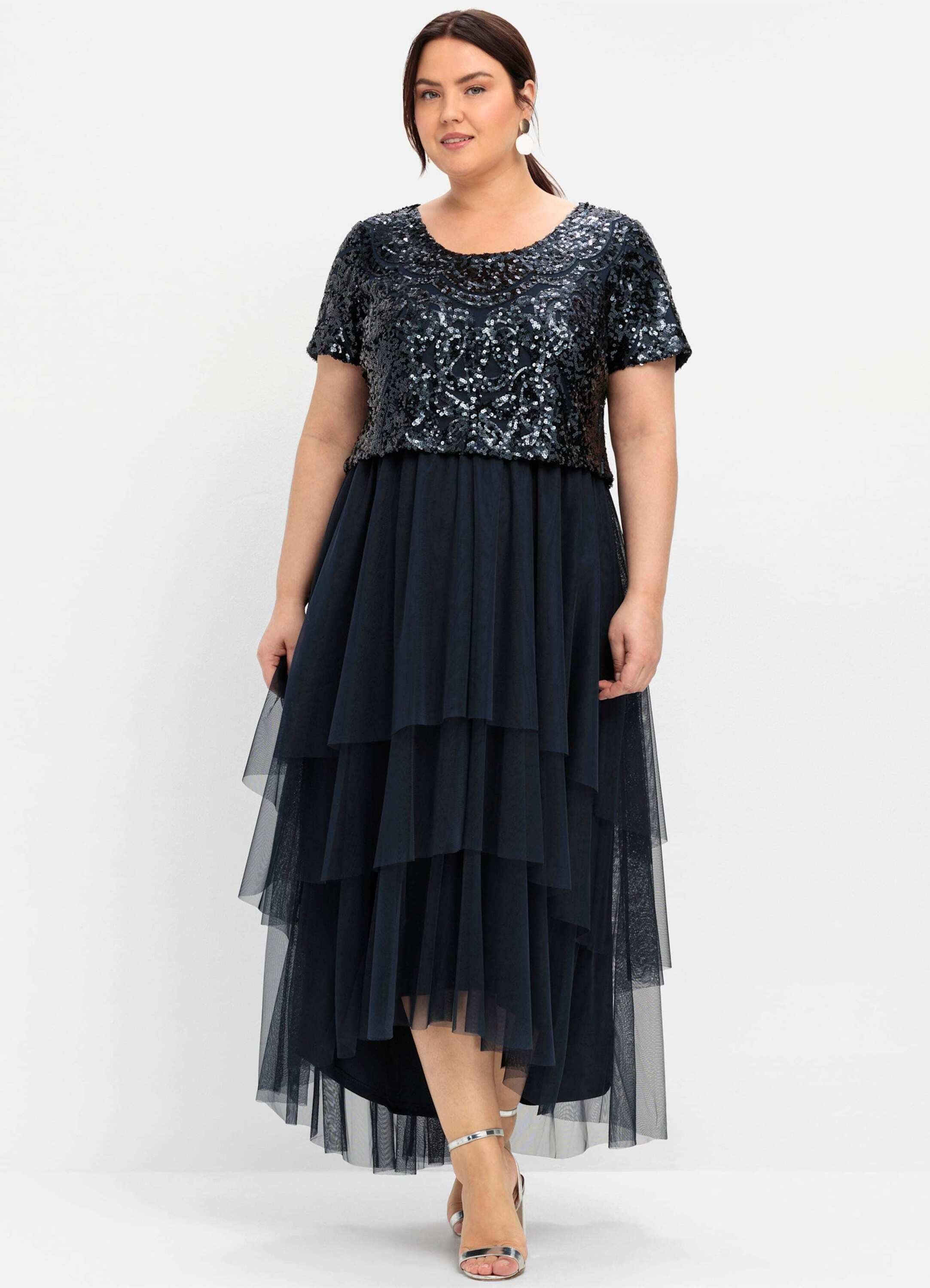 Sheego Etuikleid Abendkleid Kurzarm mit lose fallendem Paillettenoberteil