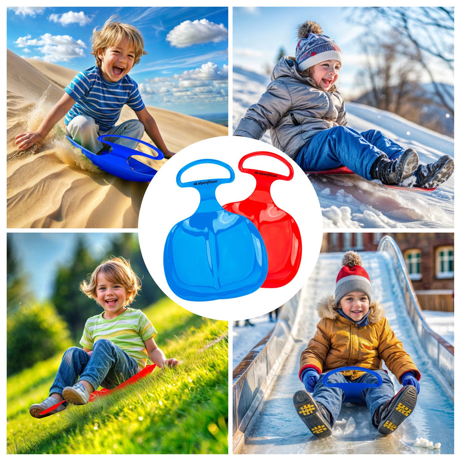 Alpenflitzer Schneerutscher ALPENFLITZER 2er Set Kinder Snow Sled-Poporutscher Schlitten mit Griff (Schlitten mit Griff, Schneerutscher Bob), 2er Set blau & rot