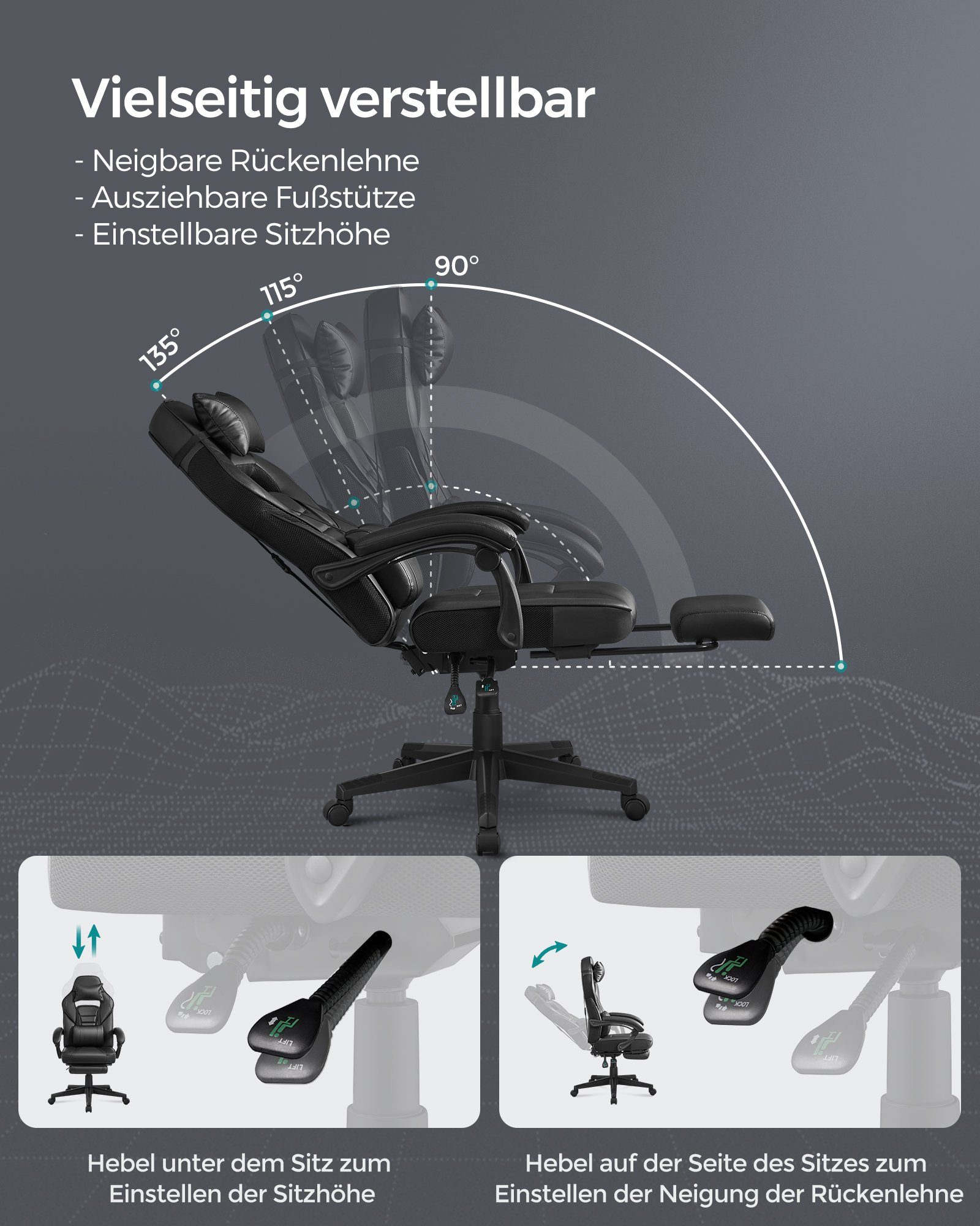 SONGMICS Gaming-Stuhl Bürostuhl, ergonomischer, mit Fußstütze, Kopfstütze und Lendenkissen