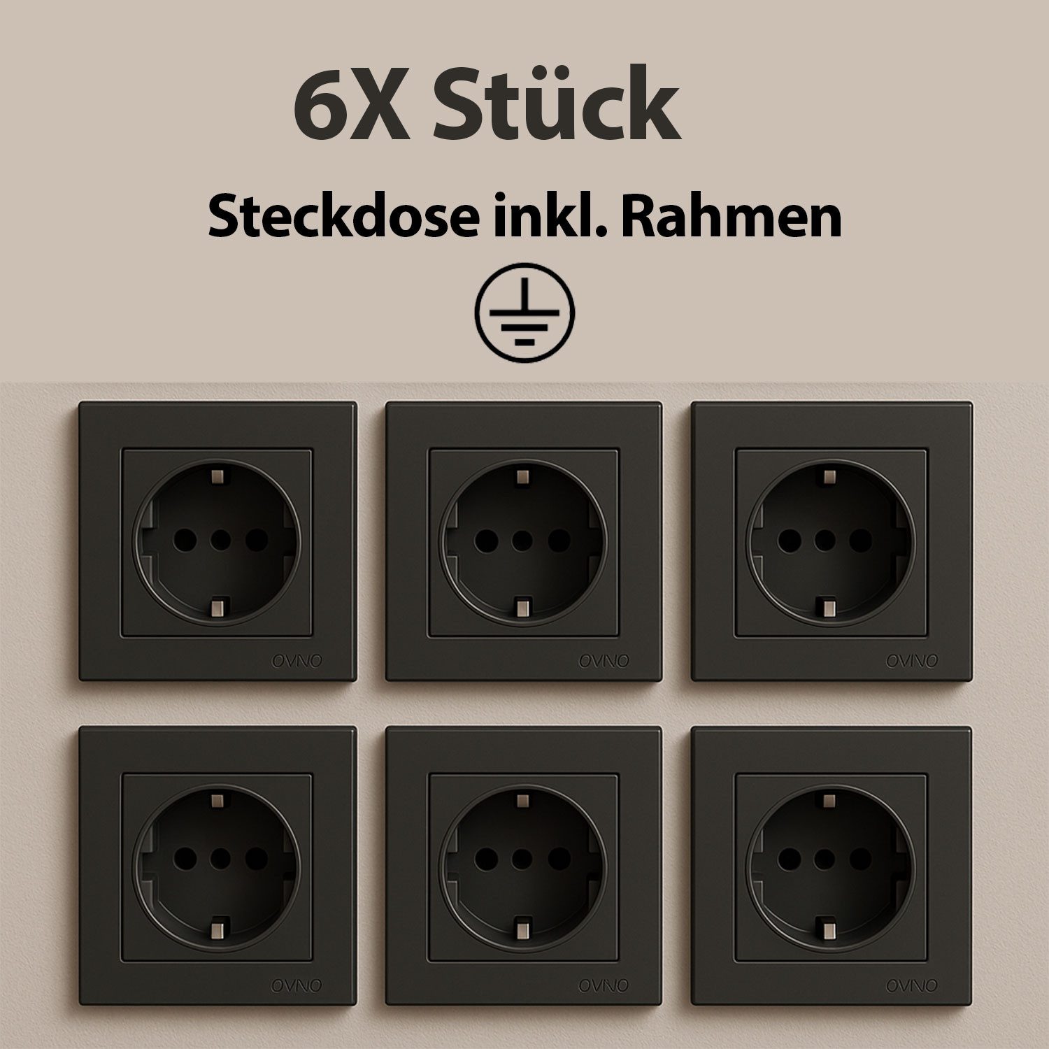 Jungengel Steckdose Wandsteckdose Rahmen 6x Stück Anthrazit Grau Unterputz Schutzkontakt, 6-St., 6er-Set Steckdosen inklusive Rahmen, Steckklemmen und Schraubklemmen, Modernes Steckdosenset in Anthrazit-Grau mit Schutzkontakt