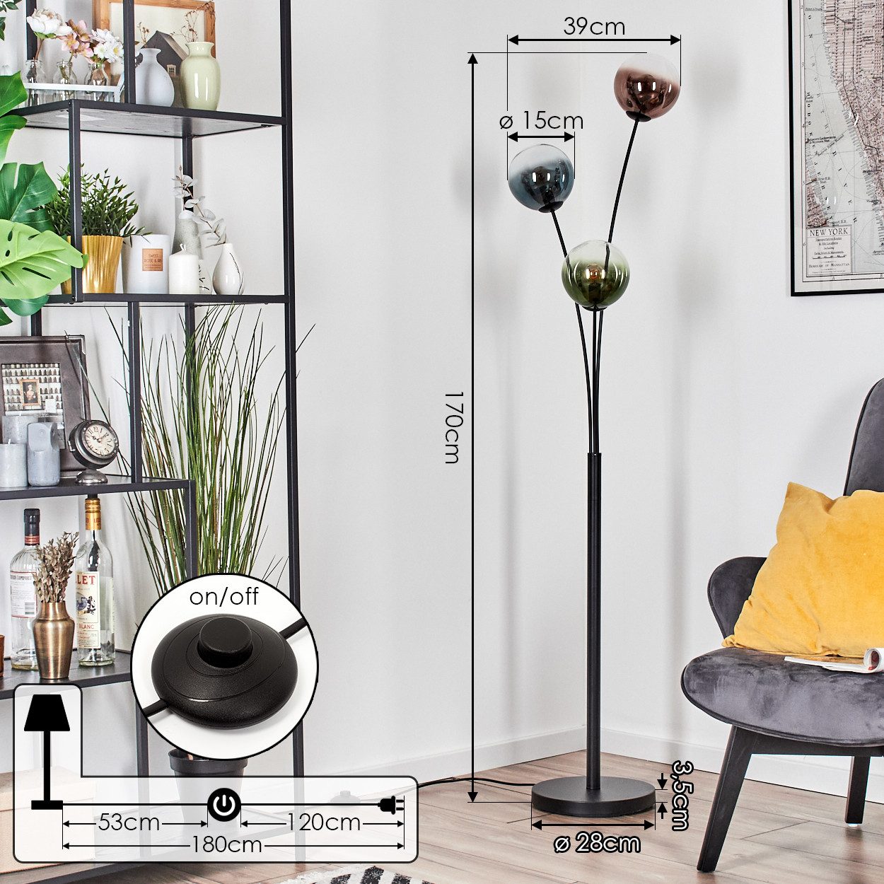 hofstein Stehlampe Stehlampe aus Metall/Glas in Schwarz/Blau/Grün/Kupfer/Klar, Stehleuchte im Retro-Design (Schirme 15cm), Fußschalter, 170cm, E14