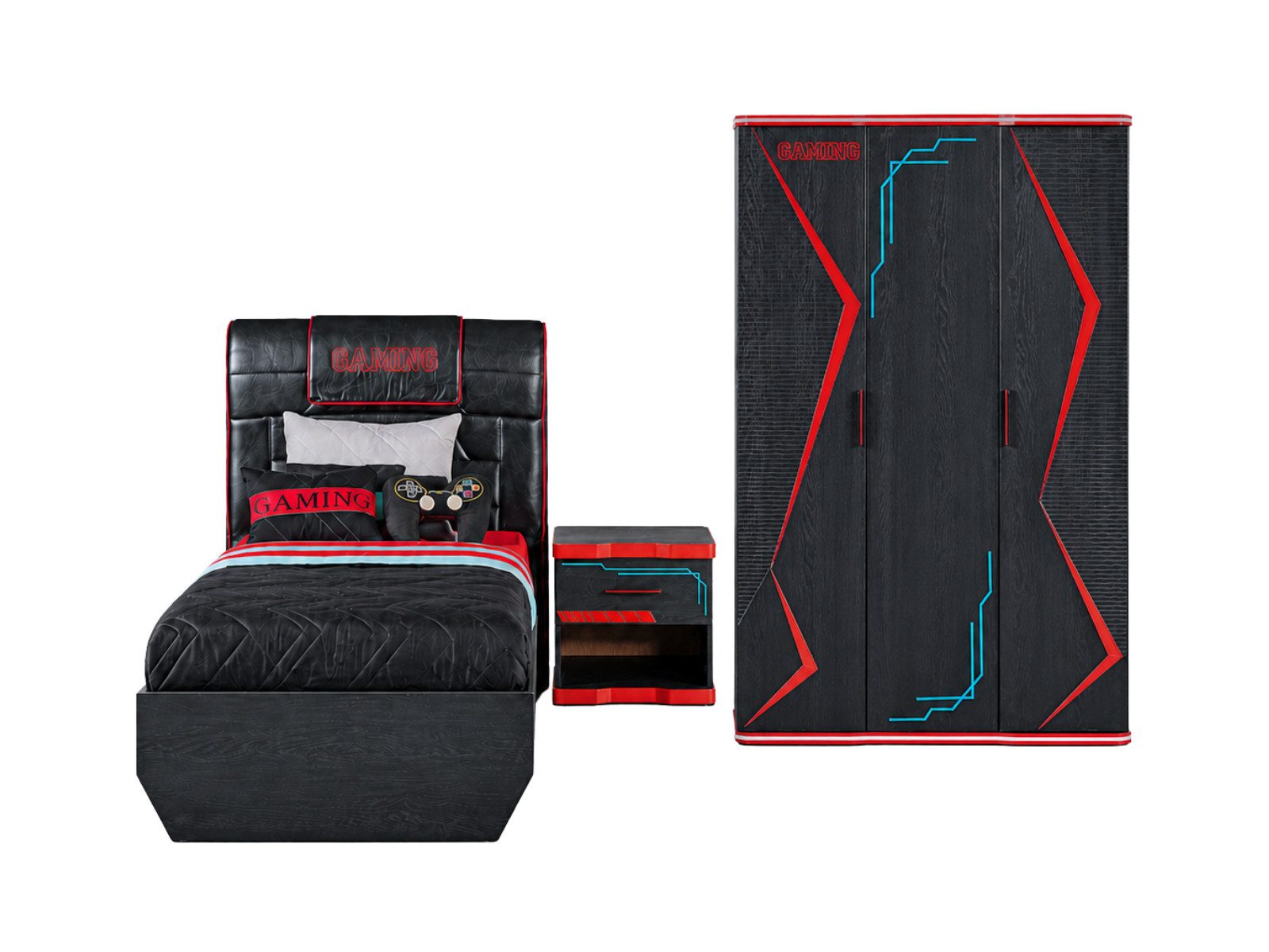 Villa Möbel Jugendzimmer-Set Abenteuer, (Jugendzimmer-Set, 3-tlg., Bett mit Kopfteil, 1 x Nachttisch und 3 trg. Kleiderschrank), Bett Schrank Kommode mit Gaming LED Optik und viel Stauraum