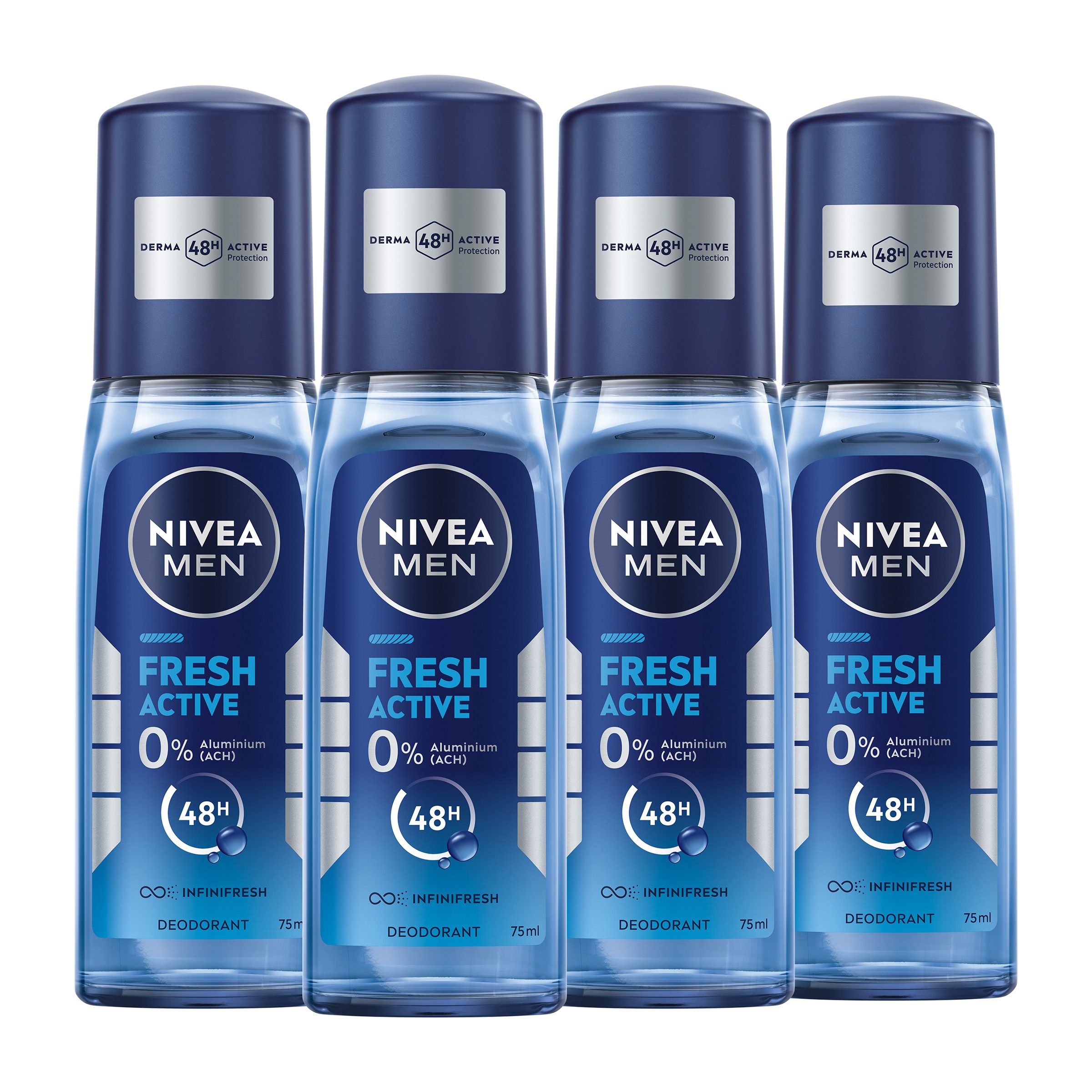 Nivea Men Deo-Zerstäuber Fresh Active 4 x 75ml, 48 Stunden effektiver Deo-Schutz, Set, 4-tlg., 0% Aluminium