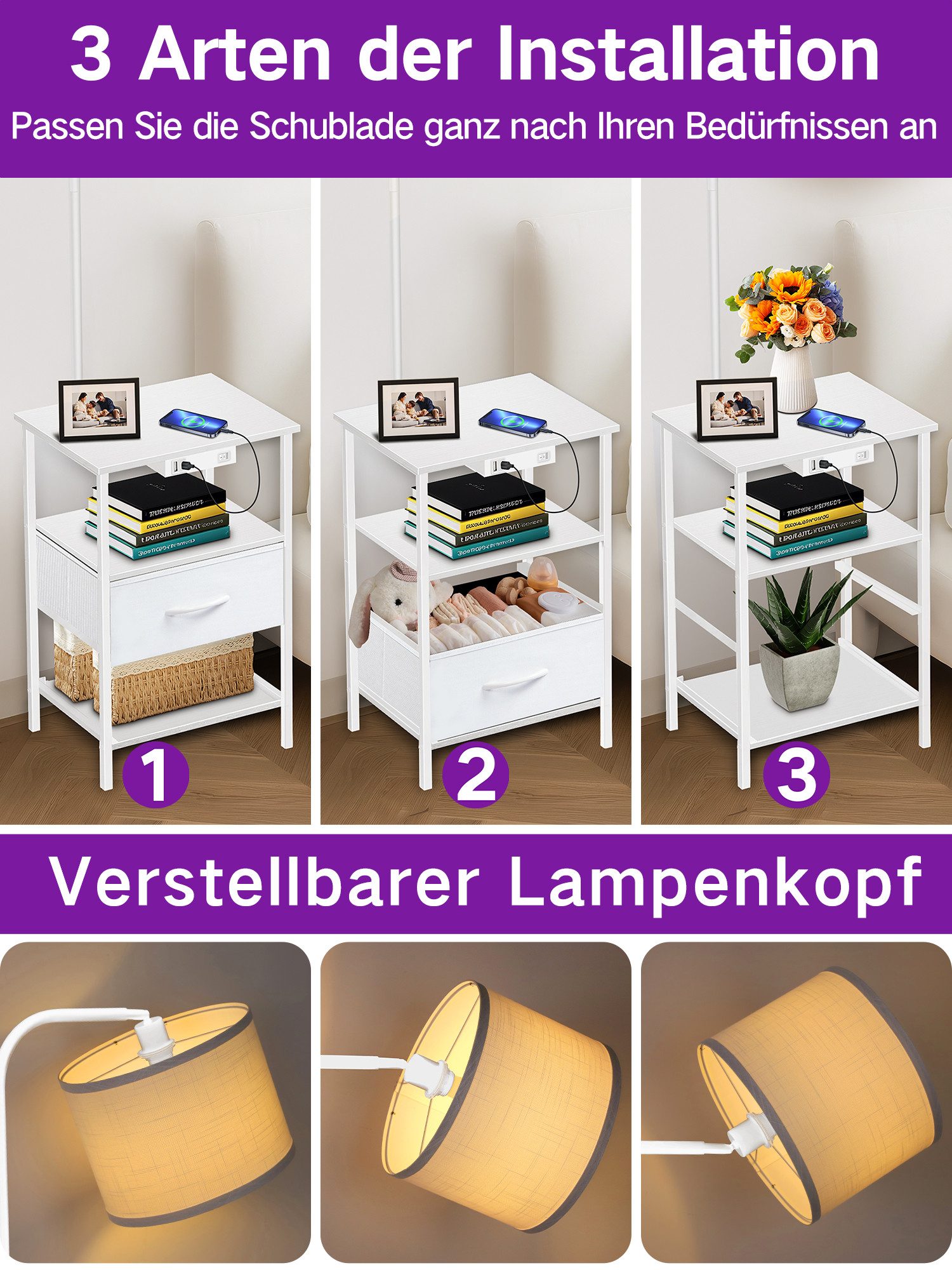 OUTON Stehlampe LED-Tisch mit 2 Stoffschubladen/3 Ablagen & USB – Bild 5 von 5