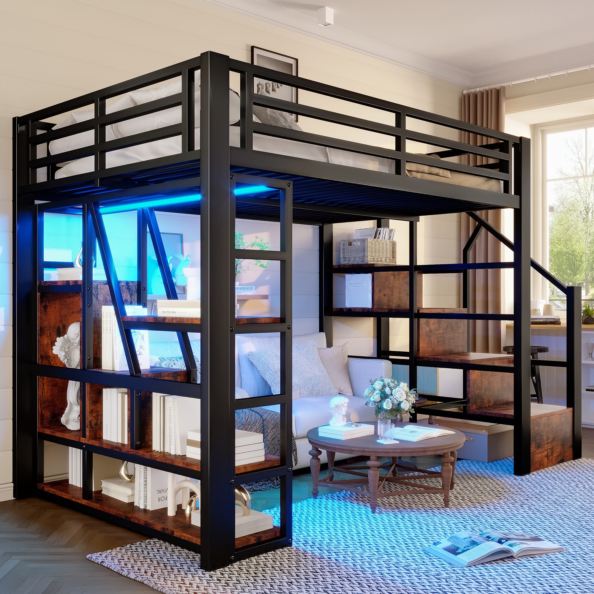 Merax Hochbett 140x200cm mit LED-Lichtleiste & Stauraum (Jugendbett aus Eisen und MDF, 1-St) Metallbett Kinderbett mit Stauraumtreppe Geländer Ablagefach & Leiter