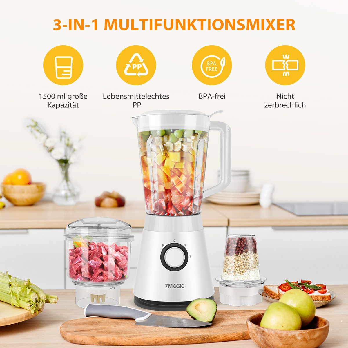 KNKA PRO Standmixer Smoothie Maker, Blender elektrisch, 600 W, 3Gang inkl. Zerkleinerer und Trockenmahlbecher