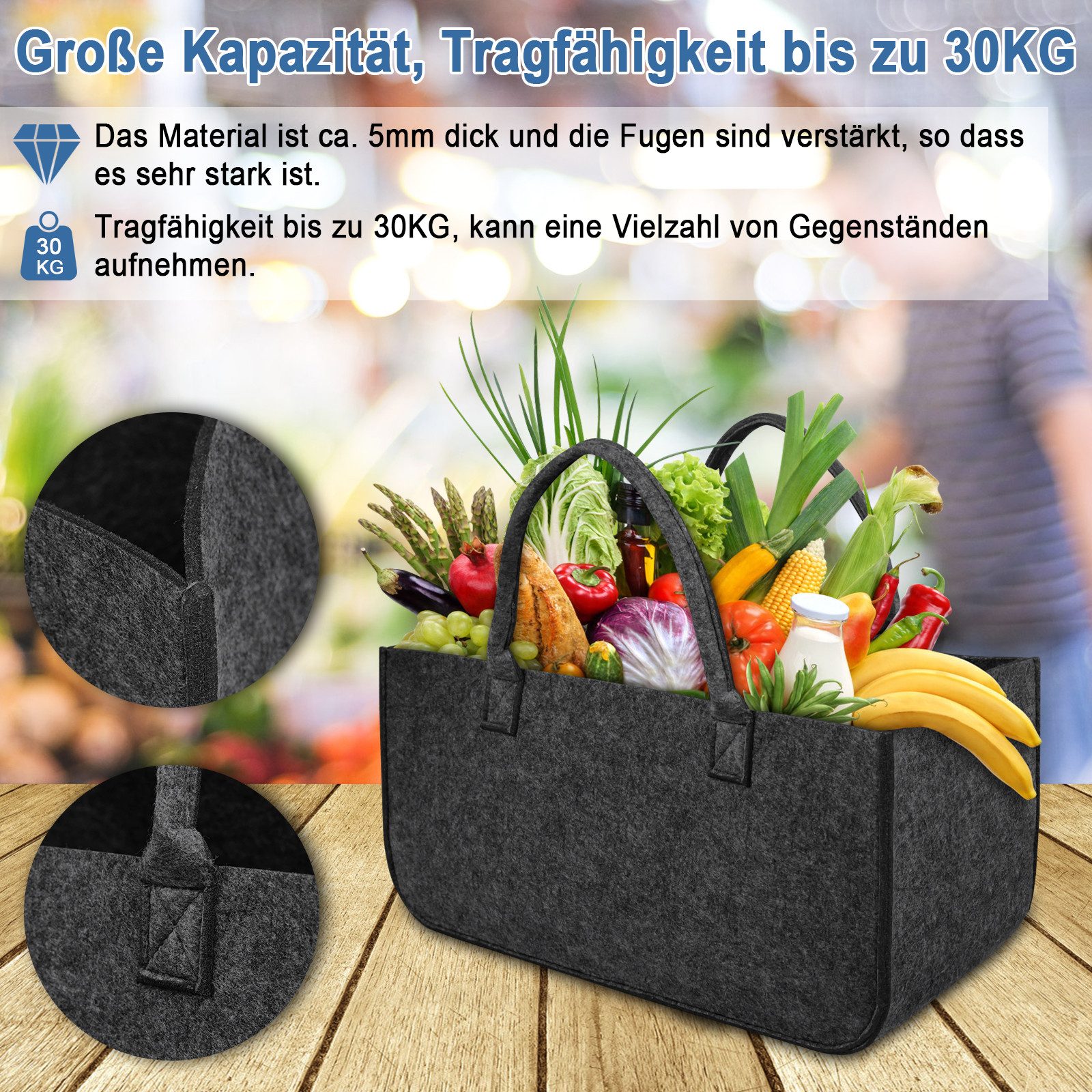 FIVMEN Kaminholzkorb Filztaschen für Kaminholz Filztasche Faltbar Brennholzkorb 50x25x25cm (2 St), Filz Organizer für Feuer Brennholz Regale Schränke Haus Büro Zeitungen