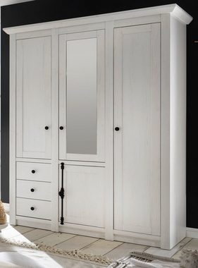 Furn.Design Schlafzimmer-Set Hooge, (in Pinie weiß Landhaus, Set 4-teilig), mit 4-türigem Kleiderschrank und Bettschubkasten