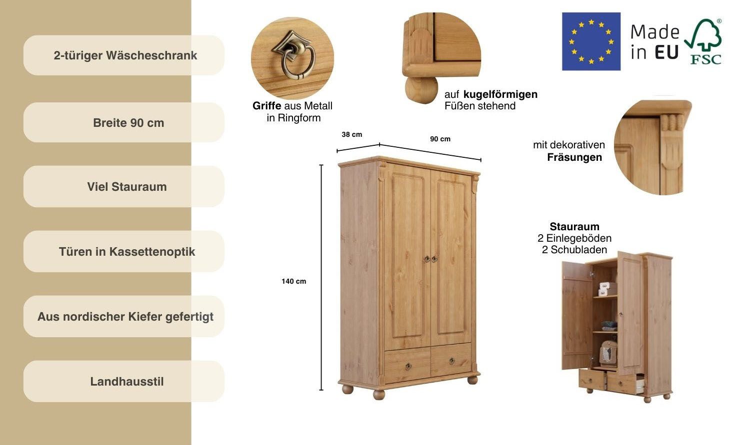 OTTO home Wäscheschrank Tessin (2 Breiten: 90/128 cm H/T ca. 140/38 cm) aus massiver Kiefer, in 2 Breiten, viel Stauraum, FSC zertifiziert