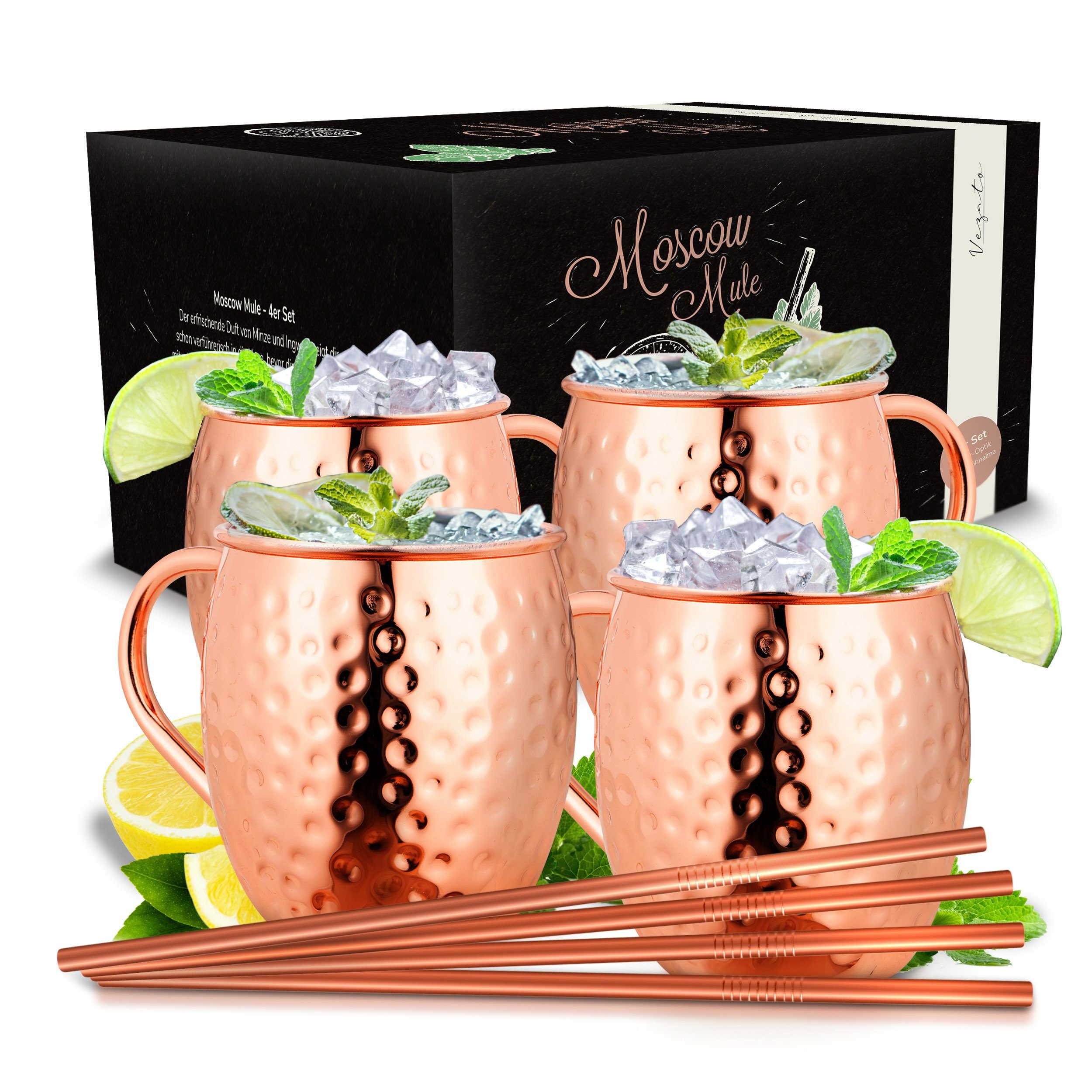 Vezato Cocktailglas 4 Moscow-Mule-Becher [500ml] – 4er Set Kupferbecher gehämmert -, Mit Strohhalmen, handgefertigt, rostfrei, für Cocktails