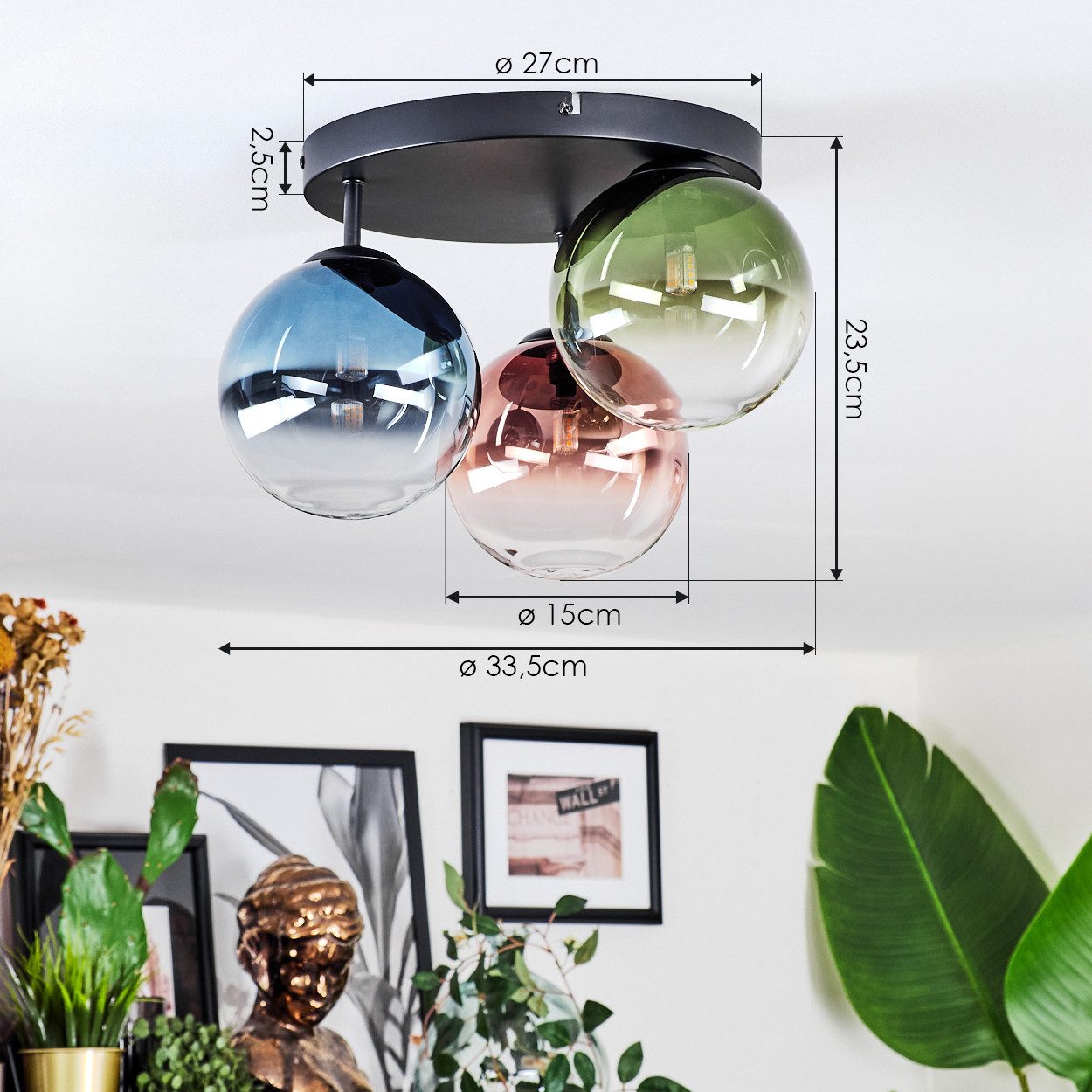 hofstein Deckenleuchte Deckenlampe aus Metall/Glas in Schwarz/Blau/Grün/Kupfer/Klar, ohne Leuchtmittel, Deckenleuchte im Retro/Vintage-Design (Schirme Ø 15 cm), 3 x G9
