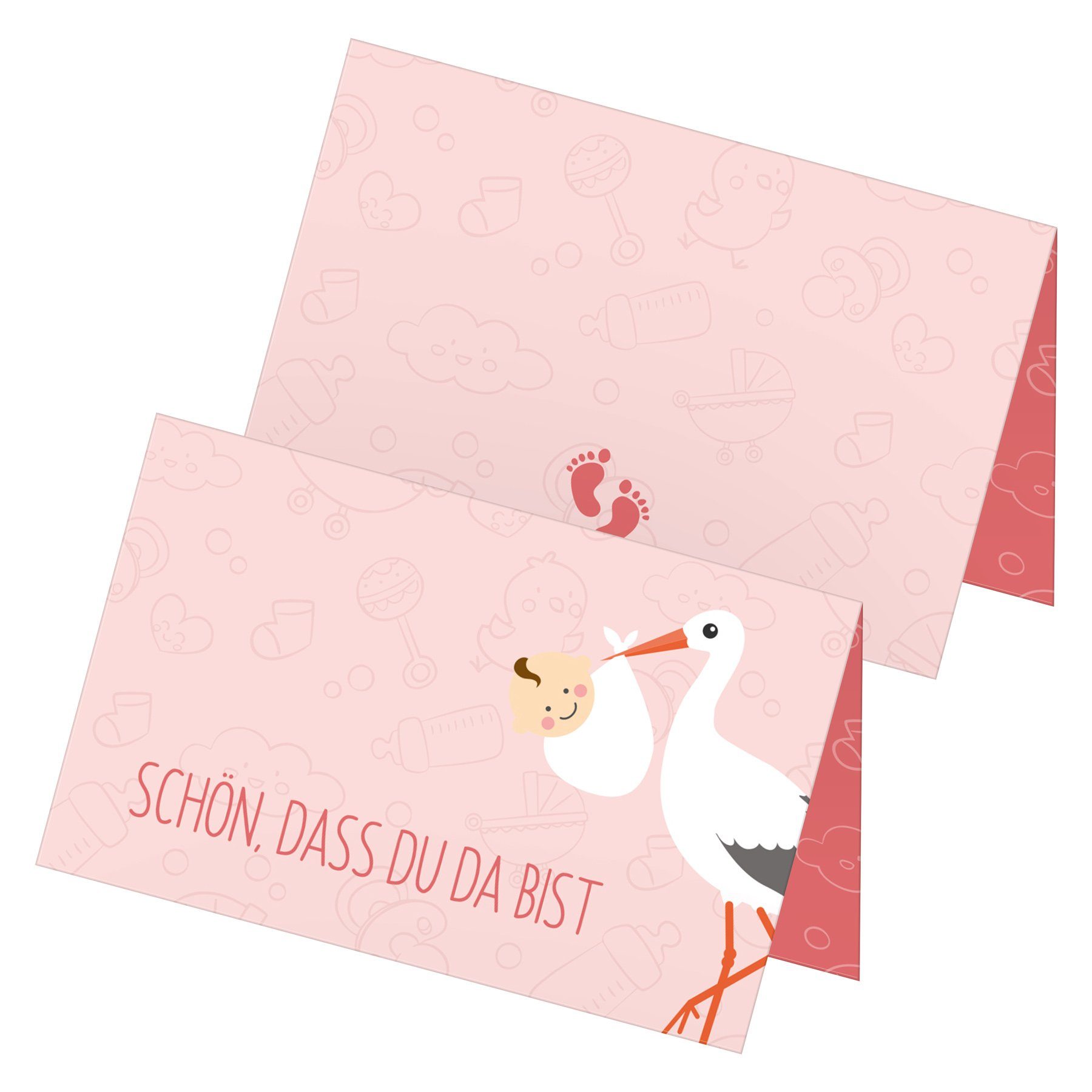 itenga Grußkarten itenga 24x Tischkarten "Storch mit Baby / Schön dass du da bist" rosa