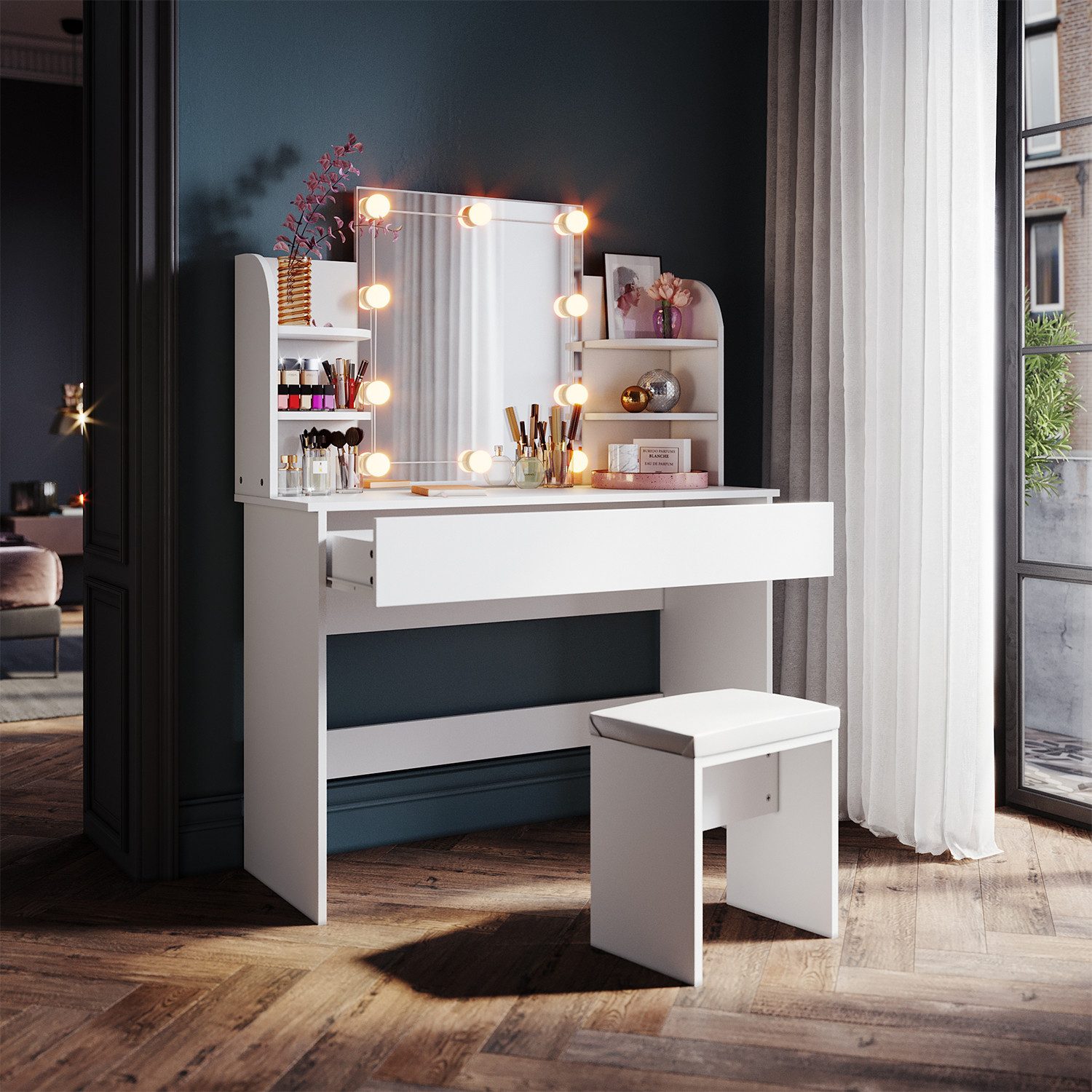 SONNI Schminktisch Weißer minimalistischer mittelgroßer Frisiertisch mit Hocker