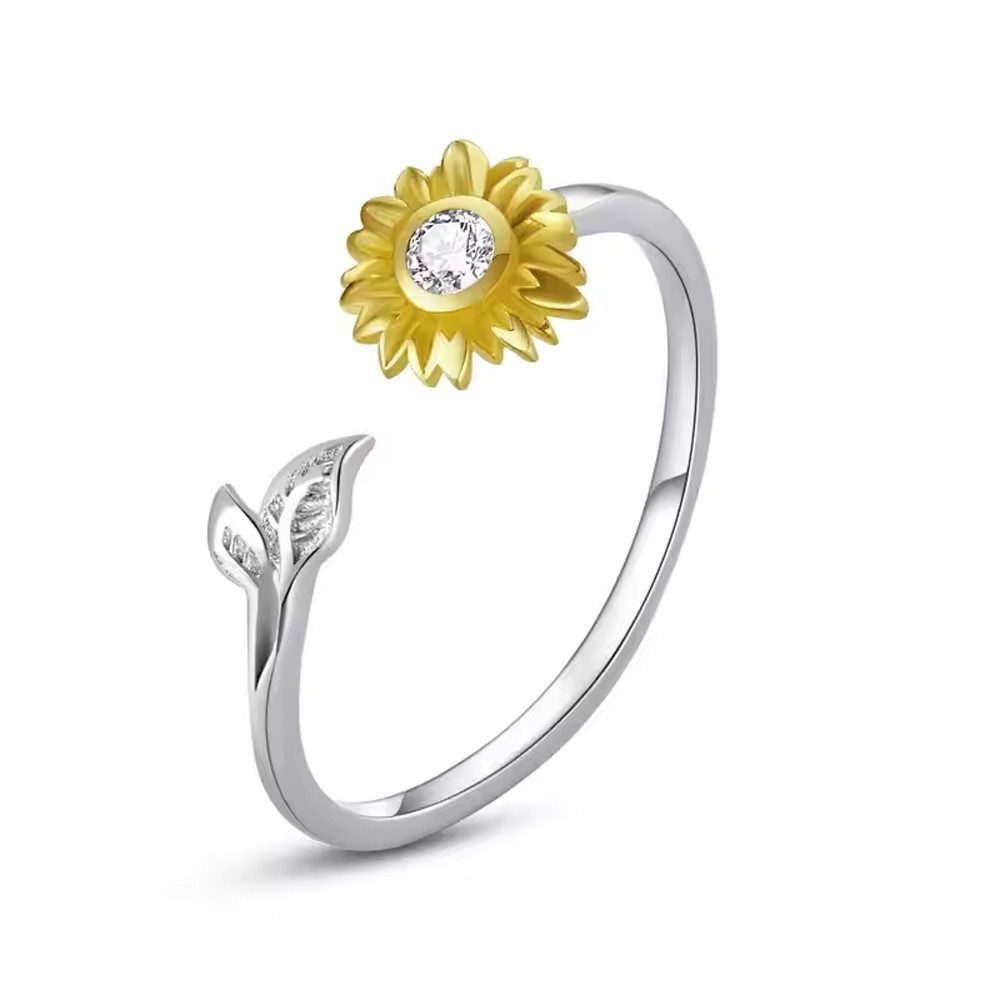 Runde Perlé Silberring verstellbarer Ring "blühende Sonnenblume", offener Ring, 925er Silber, 18K Gold