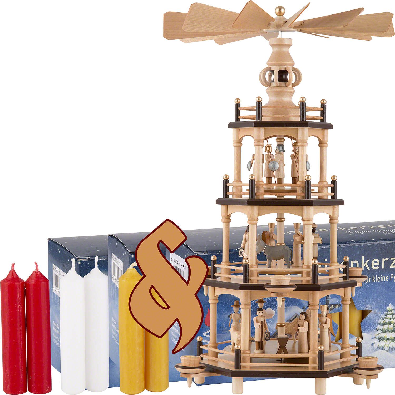 Erzgebirge-Palast Weihnachtspyramide Set 4-stöckige Pyramide natur und drei Packungen Kerzen rot/weiß/honig