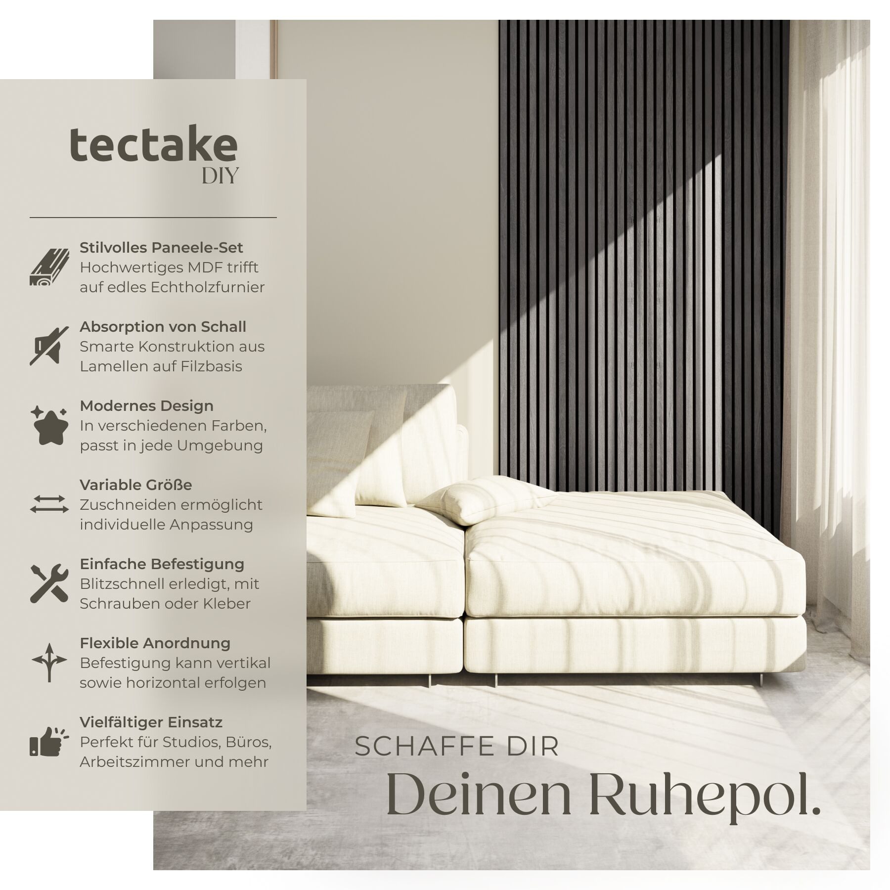 tectake Wandpaneel Akustikpaneele aus MDF und Echtholzfurnier - Eiche schwarz, BxL: 60x120 cm, 0.72 qm, (Holzpaneele Sonic Wall, 4-tlg., Größe flexibel anpassbar) schallabsorbierender Filz, einfache Montage mit Kleber oder Schrauben