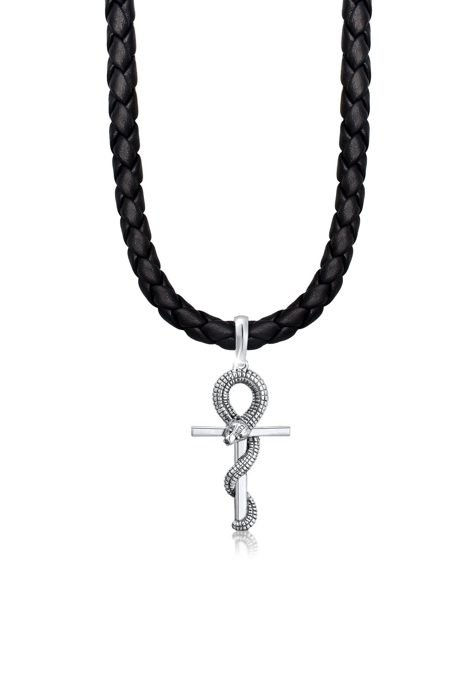 Kette mit Anhänger Herren Kreuz Schlange Leder Oxidiert 925 Silber