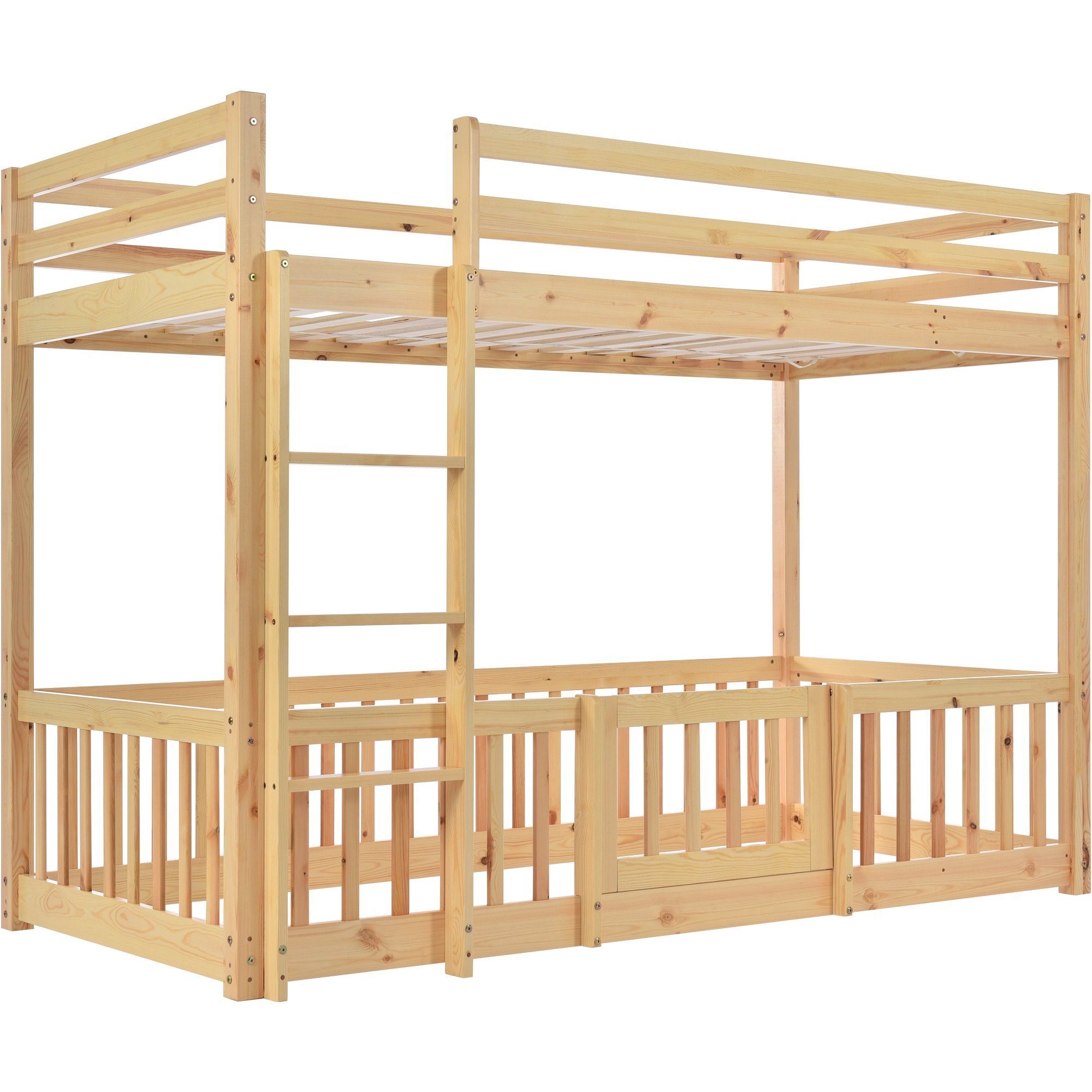 Ulife Etagenbett Kinderbett Massivholzbett mit und rechtwinkliger Natur Türchen, Treppe,90x200cm Zäune