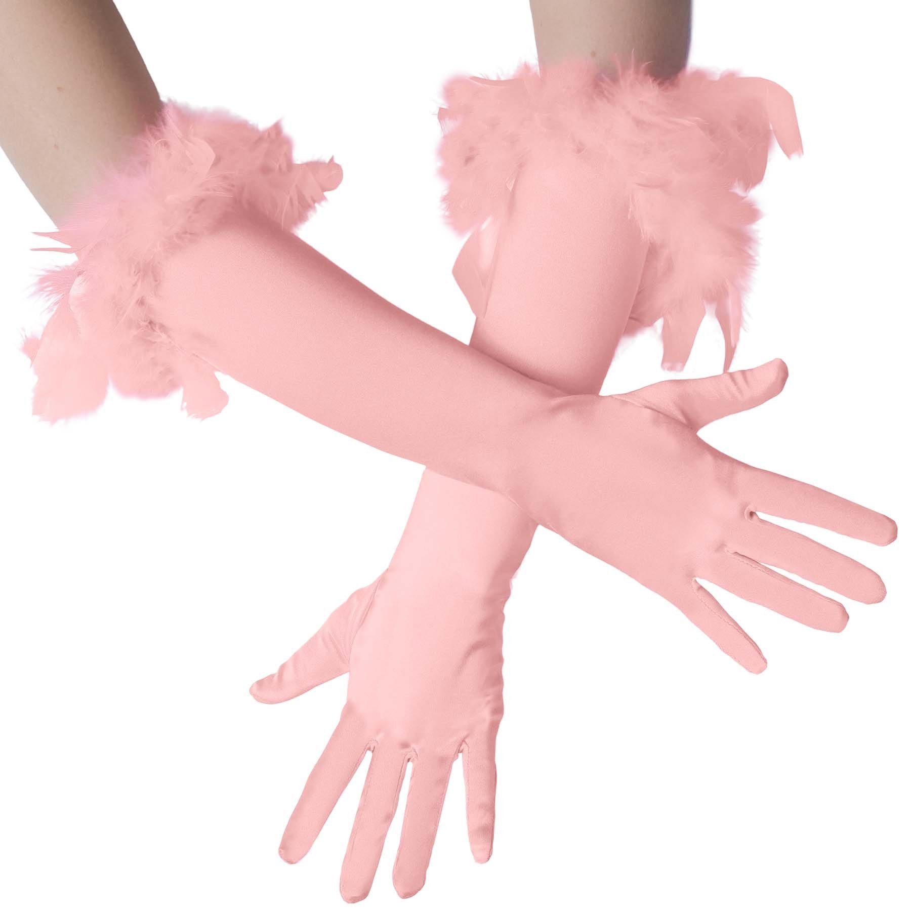 dressforfun Kostüm Lange Satin-Handschuhe mit Federn, Edle Satin-Handschuhe in Einheitsgröße