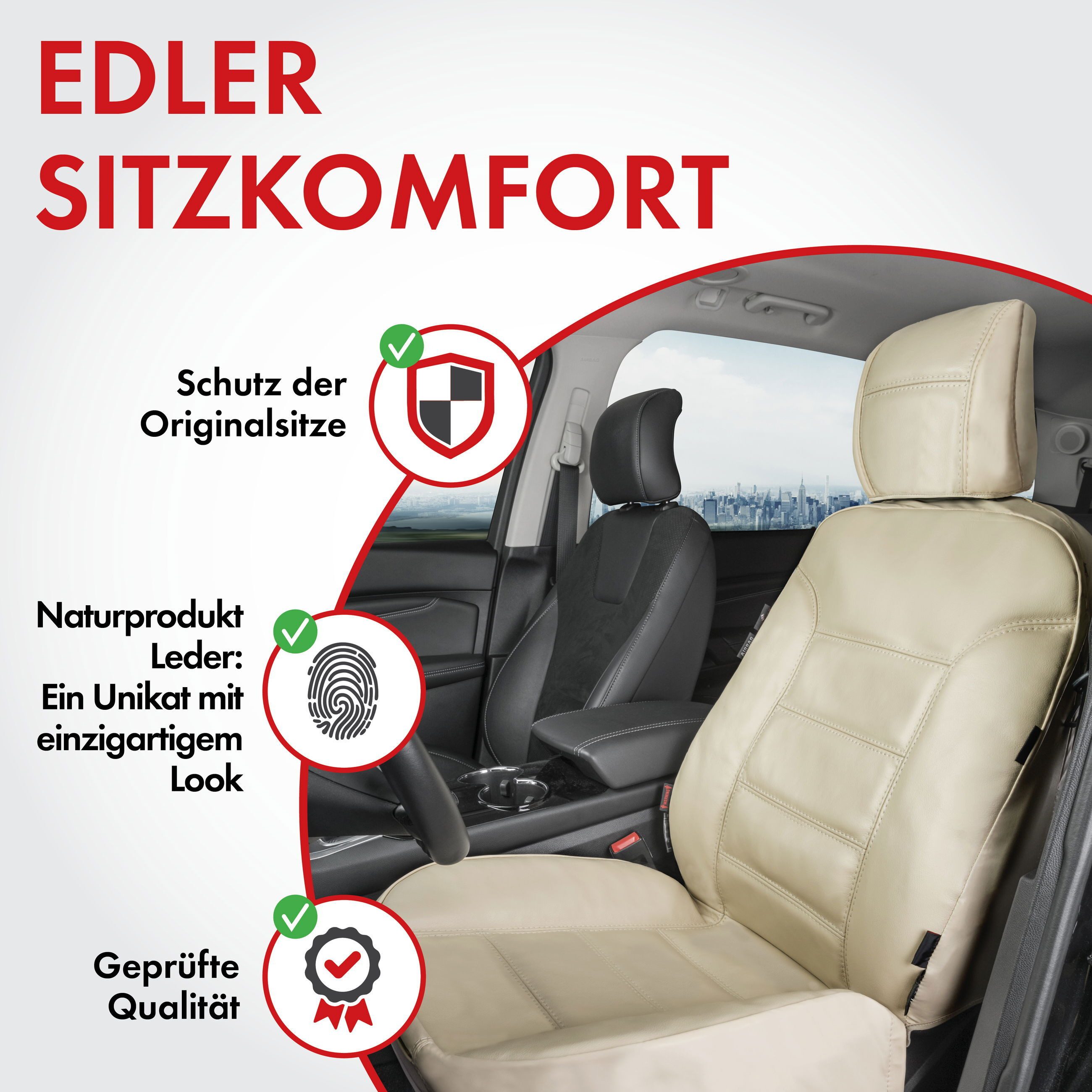 WALSER Autositzbezug Autositzbezug Billy aus echtem Leder beige ZIPP-IT, 1 Vordersitzbezug 1tlg, 1 Kopfstützenbezug, 2-tlg.