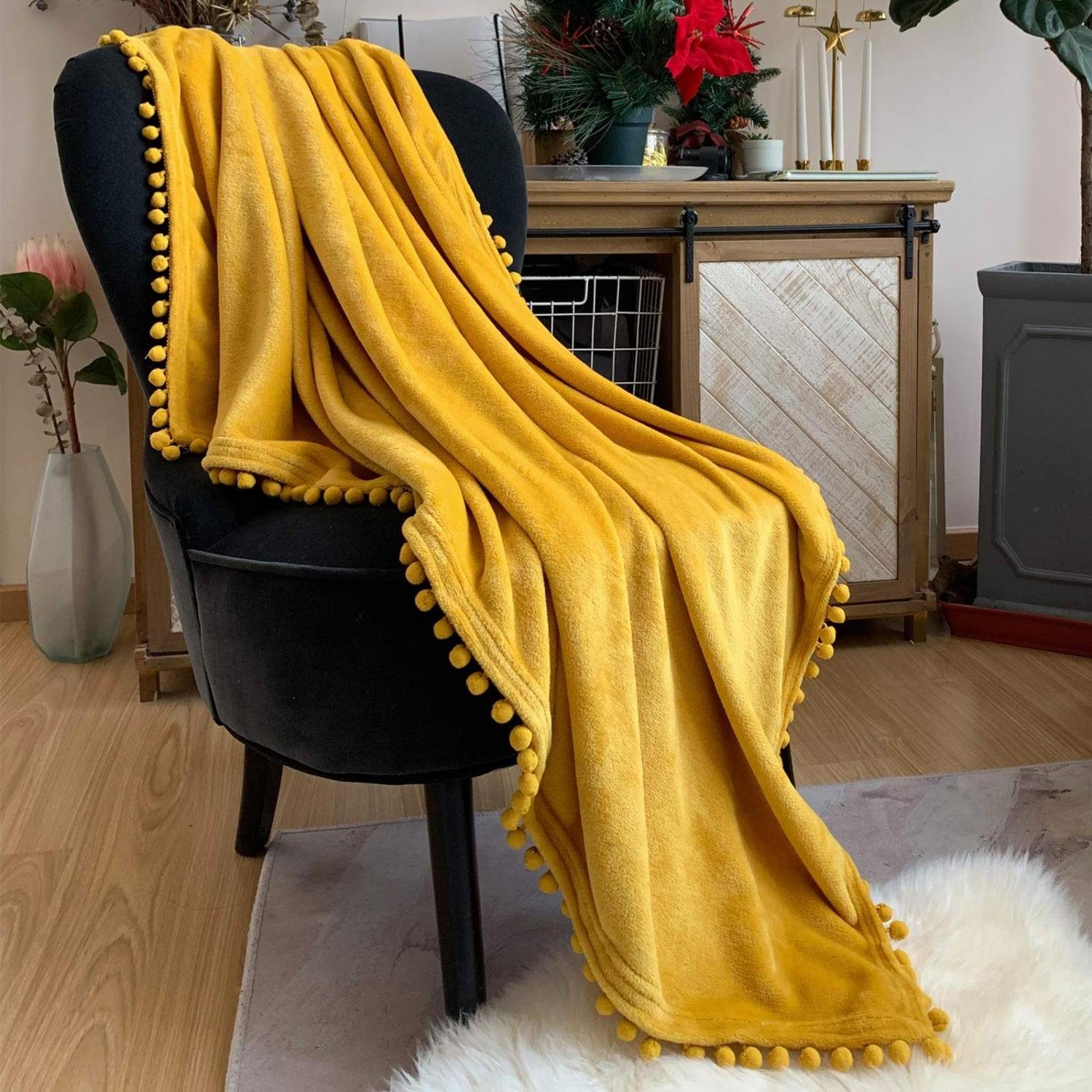 Decke,für Wohndecke Jormftte Wohndecke Bett Weich Stuhl,Gelb, Strickdecke,Quaste Boho Sofa