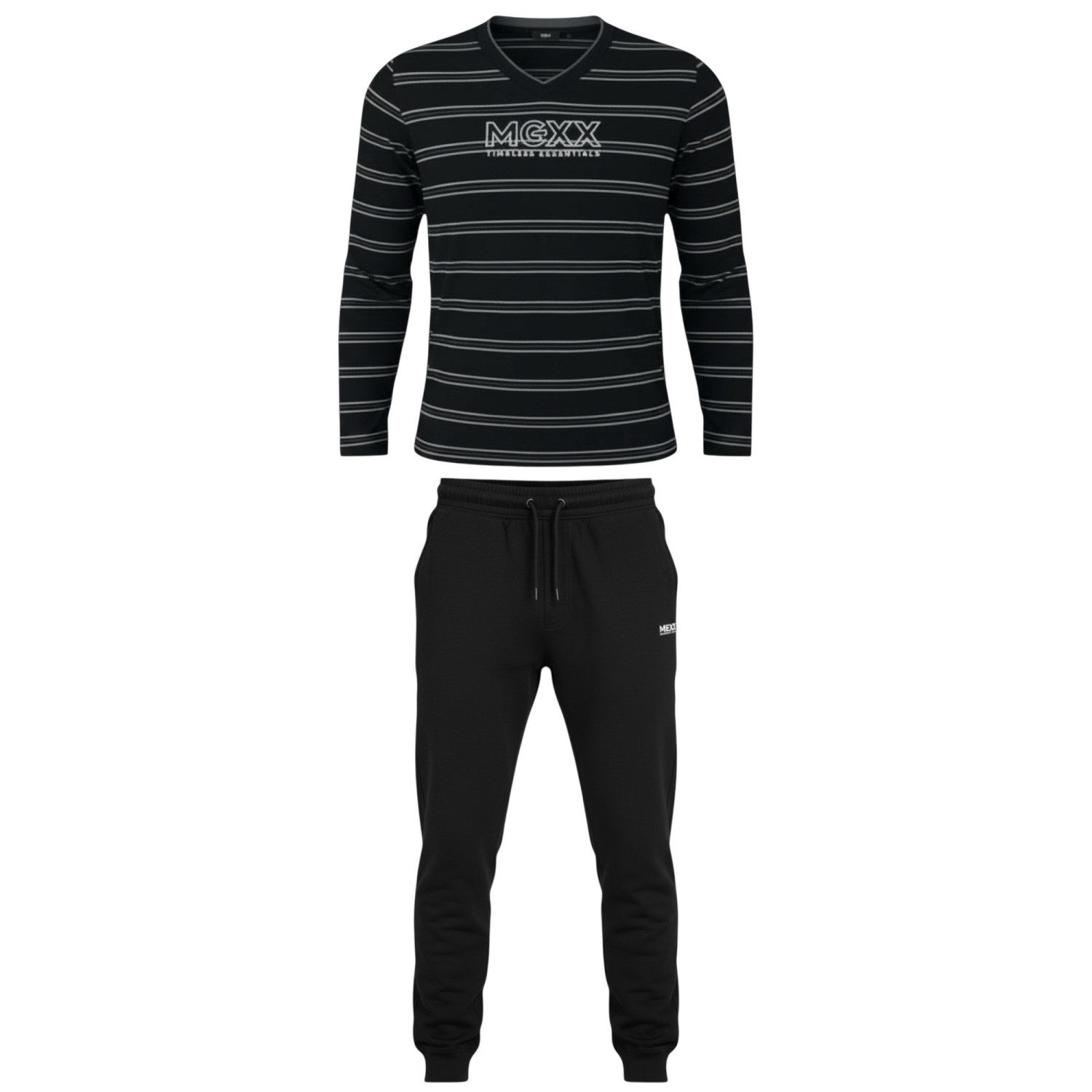 Mexx Pyjama Herren Pyjamaset Schlafanzug V-Ausschnitt LOGO Nachtwäsche Schwarz (2 tlg)