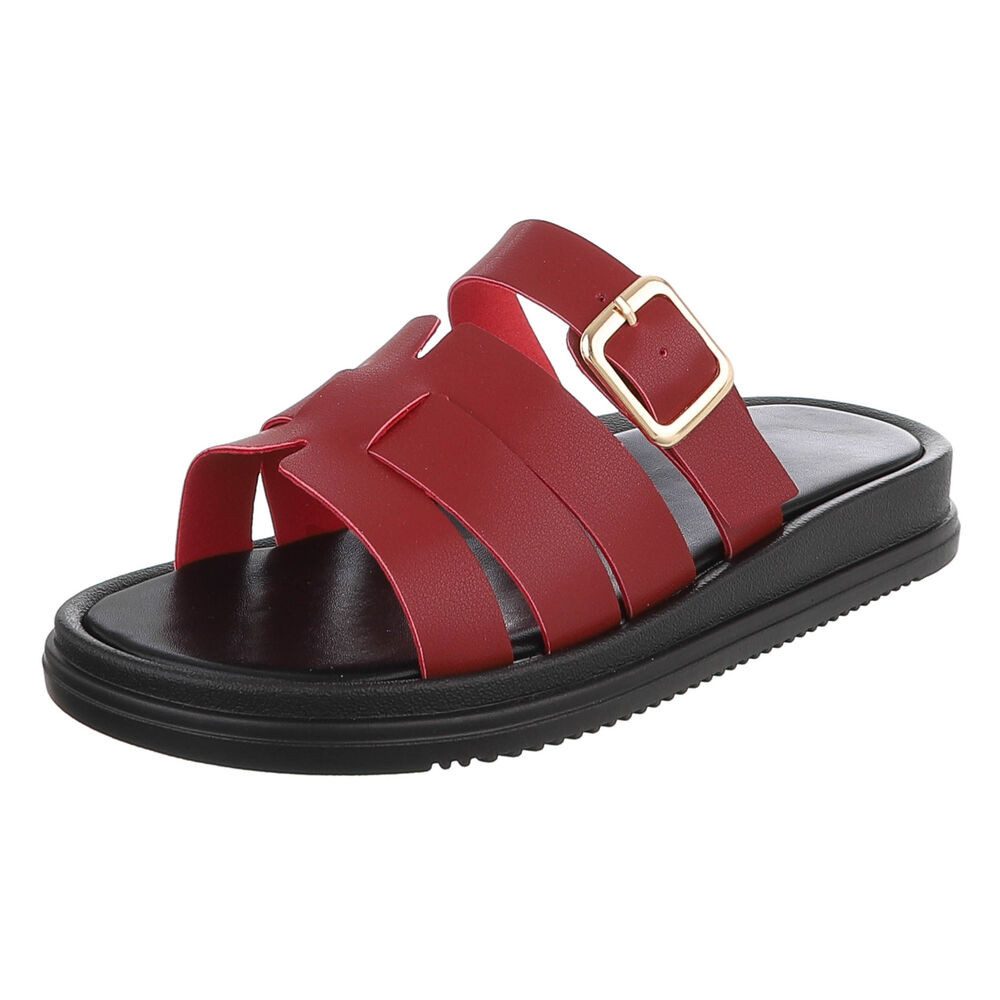 Ital-Design Damen Sandalenslipper mit Schnalle und Profilsohle Pantolette (91742407) Keilabsatz/Wedge Pantoletten in Weinrot