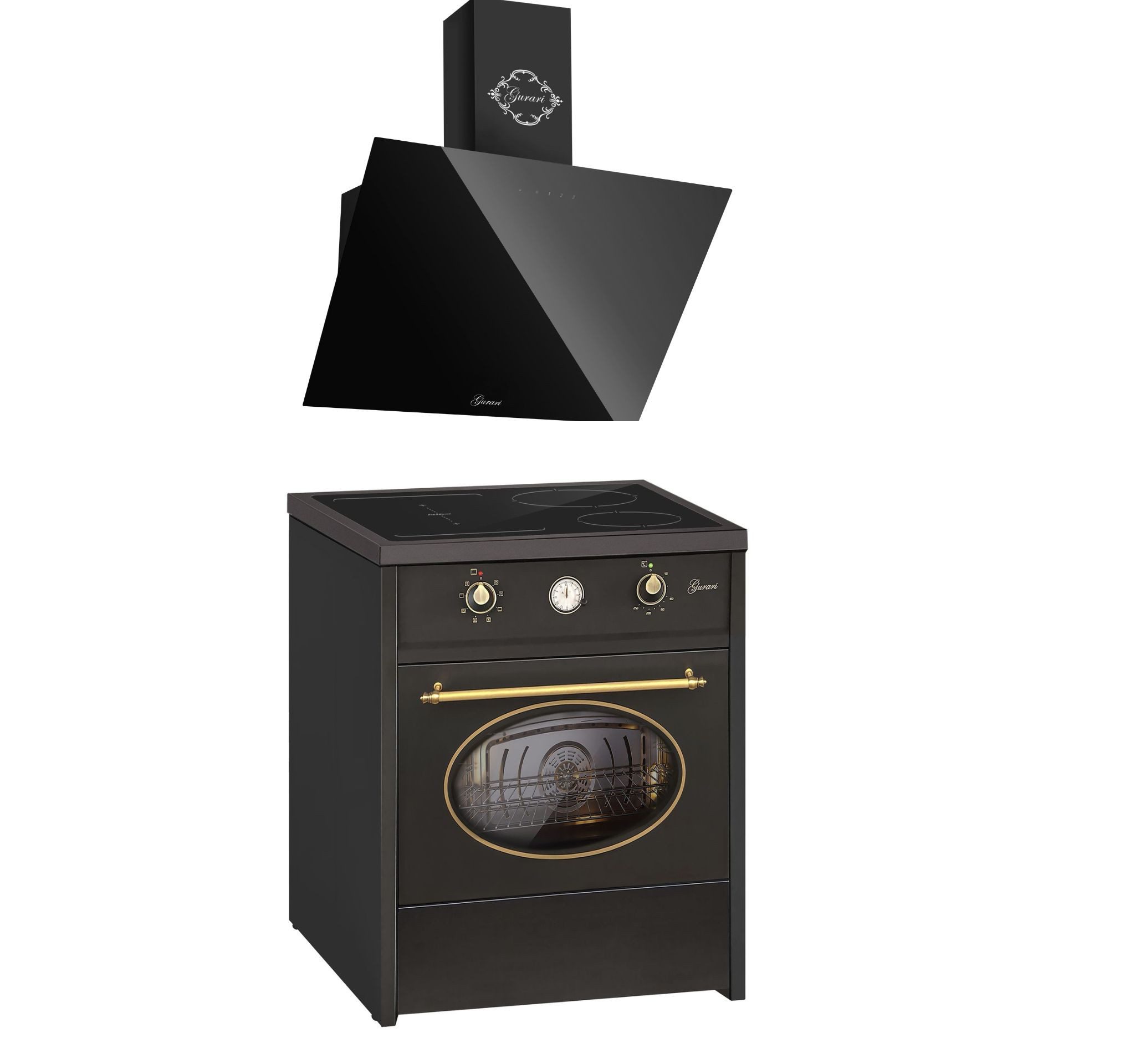 GURARI Induktions-Standherd Retro Induktions Standherd 60 cm, 60 L+ Dunstabzugshaube 60 cm GCH E 612 BL r+GCH 286 Bl 6 Prime., mit 1-fach-Teleskopauszug