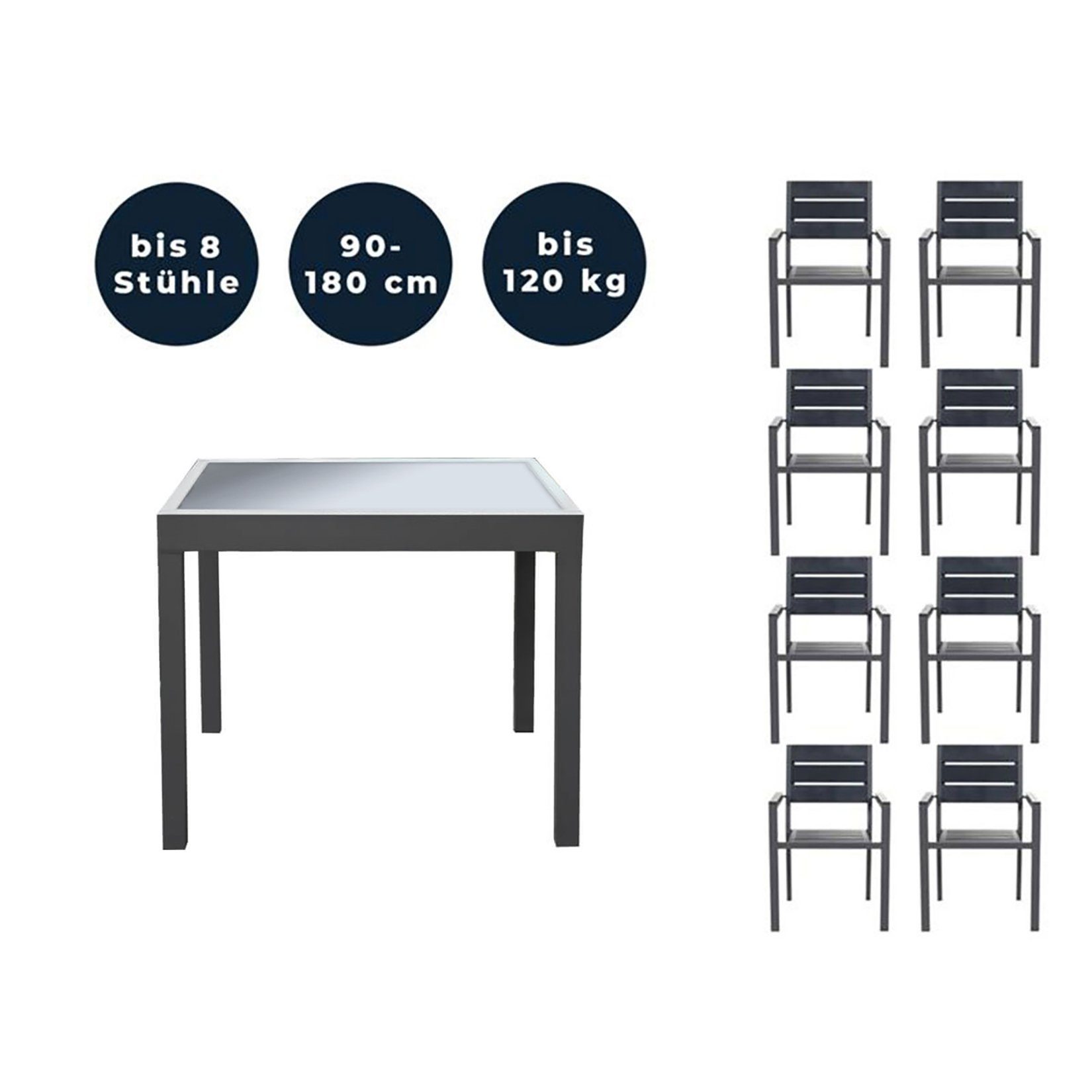 Gartenstühle VERANO DELUXE Set 6 ausziehbarer MADERA, 4, Tisch 2, HOME oder im Sitzgruppe Tisch Sitzgruppe mit Stühle