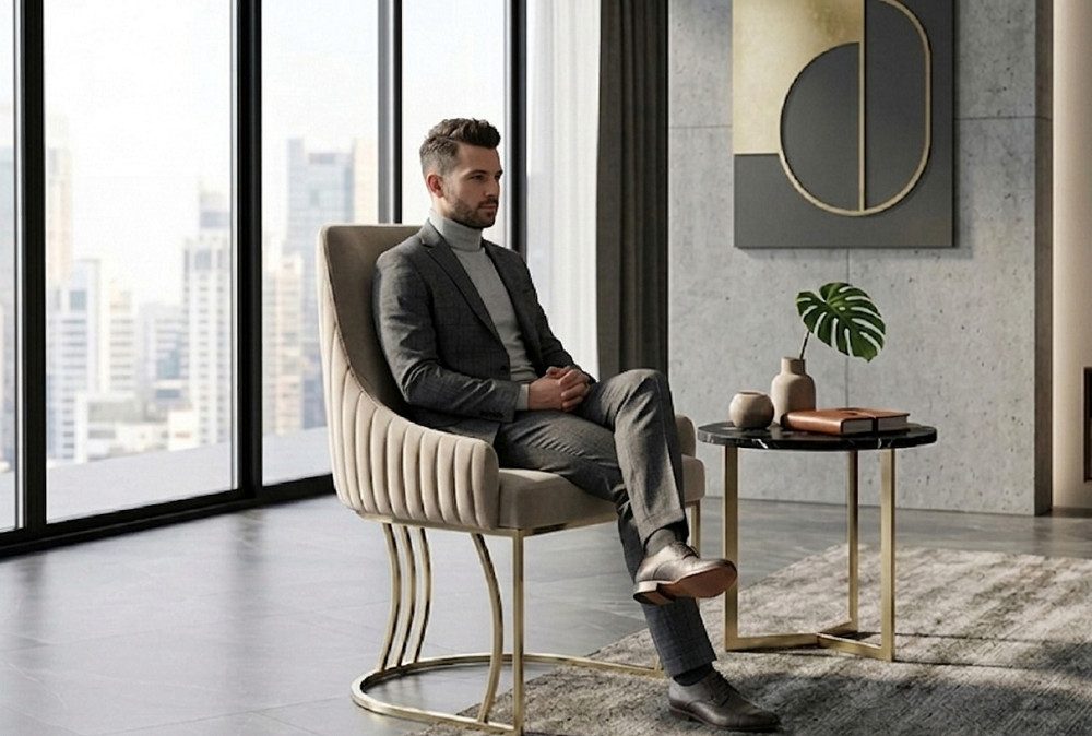 Xlmoebel Polsterstuhl Beiger Edelstahlstuhl mit elegantem Design für Esszimmer, Hergestellt in Europa