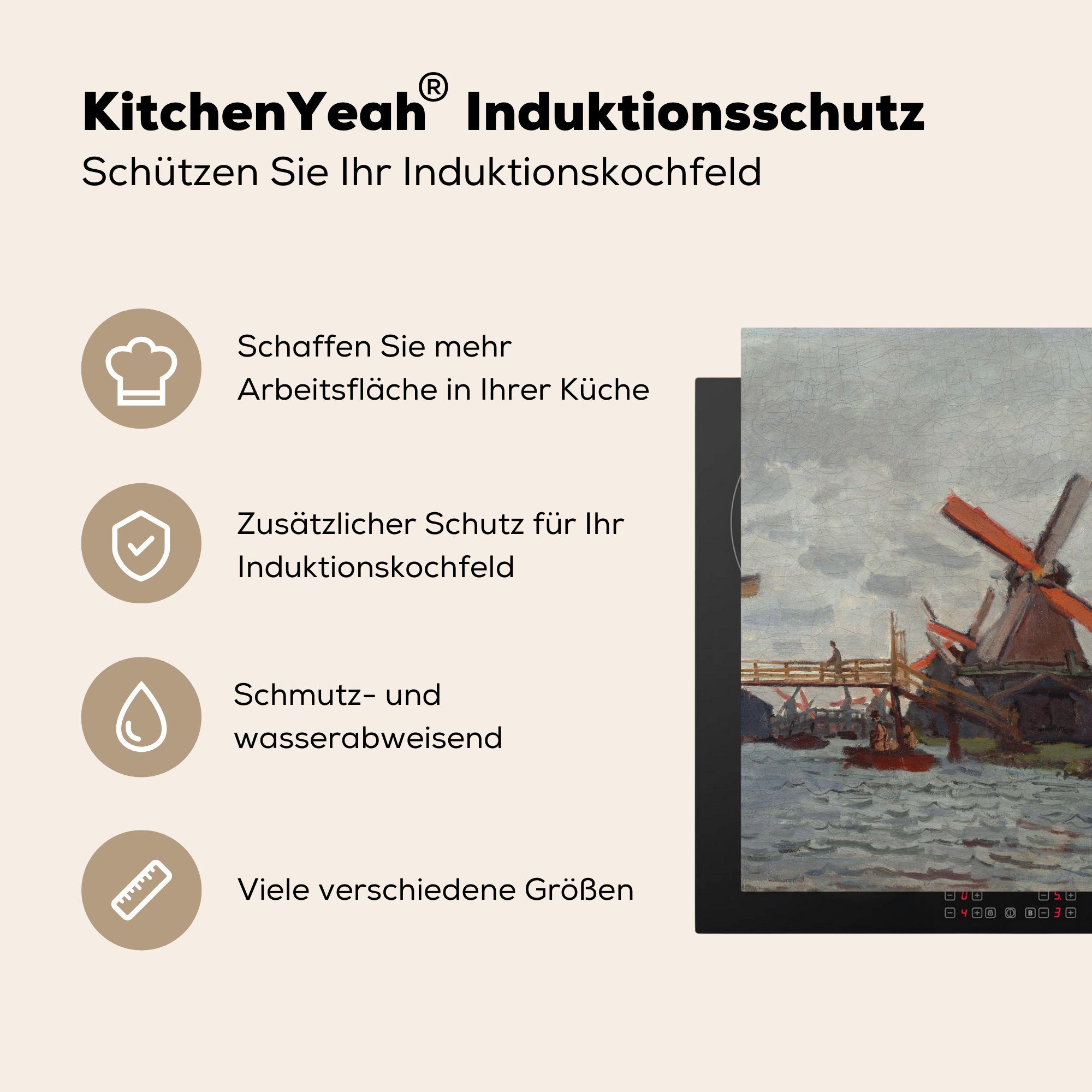 Ceranfeldabdeckung, Claude küche Arbeitsplatte cm, (1 Herdblende-/Abdeckplatte MuchoWow Windmühlen Zaandam - Monet, Vinyl, tlg), bei 78x78 für