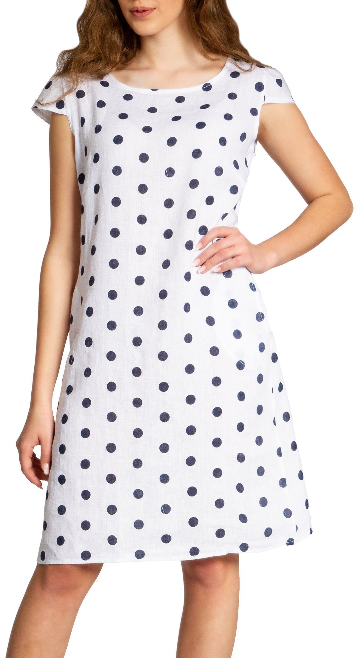 Caspar Sommerkleid SKL024 knielanges Damen Sommer Leinenkleid mit Punkte Print Luftig leicht, figurumspielende Form, mit seitlichem Jersey-Einsatz