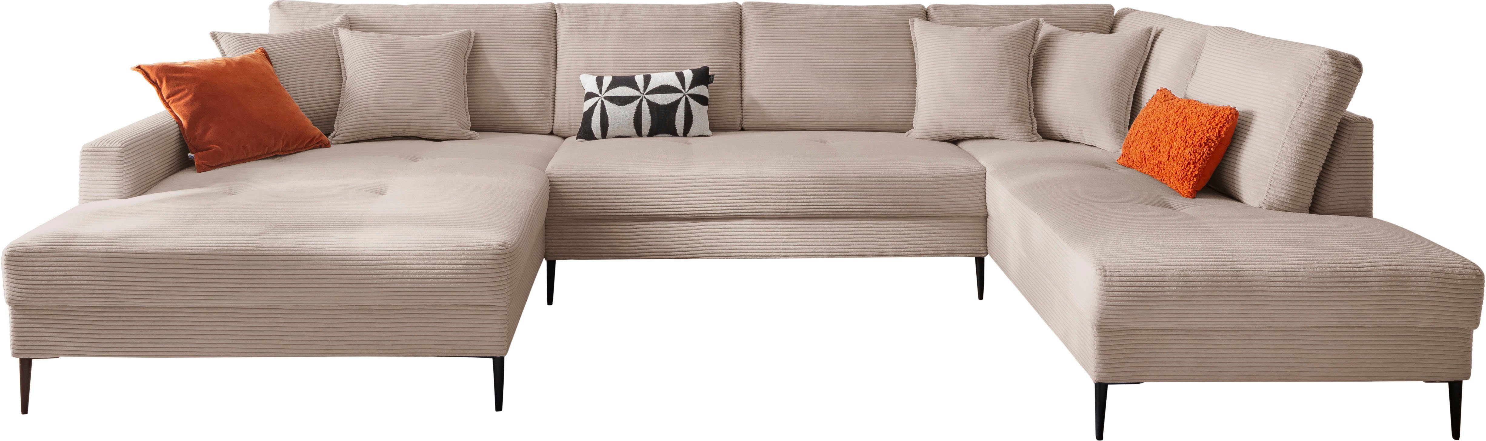OTTO home Wohnlandschaft Summer U-Form, B: 360 cm mit Zierkissen, moderne Couch in Cord & Strukturstoff
