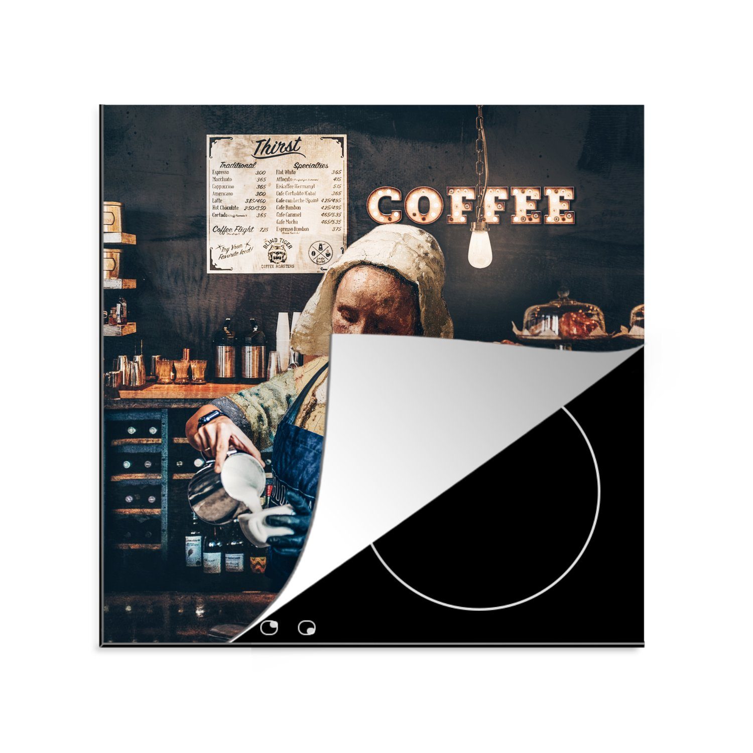 Kaffee - Arbeitsplatte - MuchoWow - Vermeer tlg), küche 78x78 _, cm, Kunst Herdblende-/Abdeckplatte Ceranfeldabdeckung, - Barista Cappuccino (1 Vinyl, - Milchmädchen für