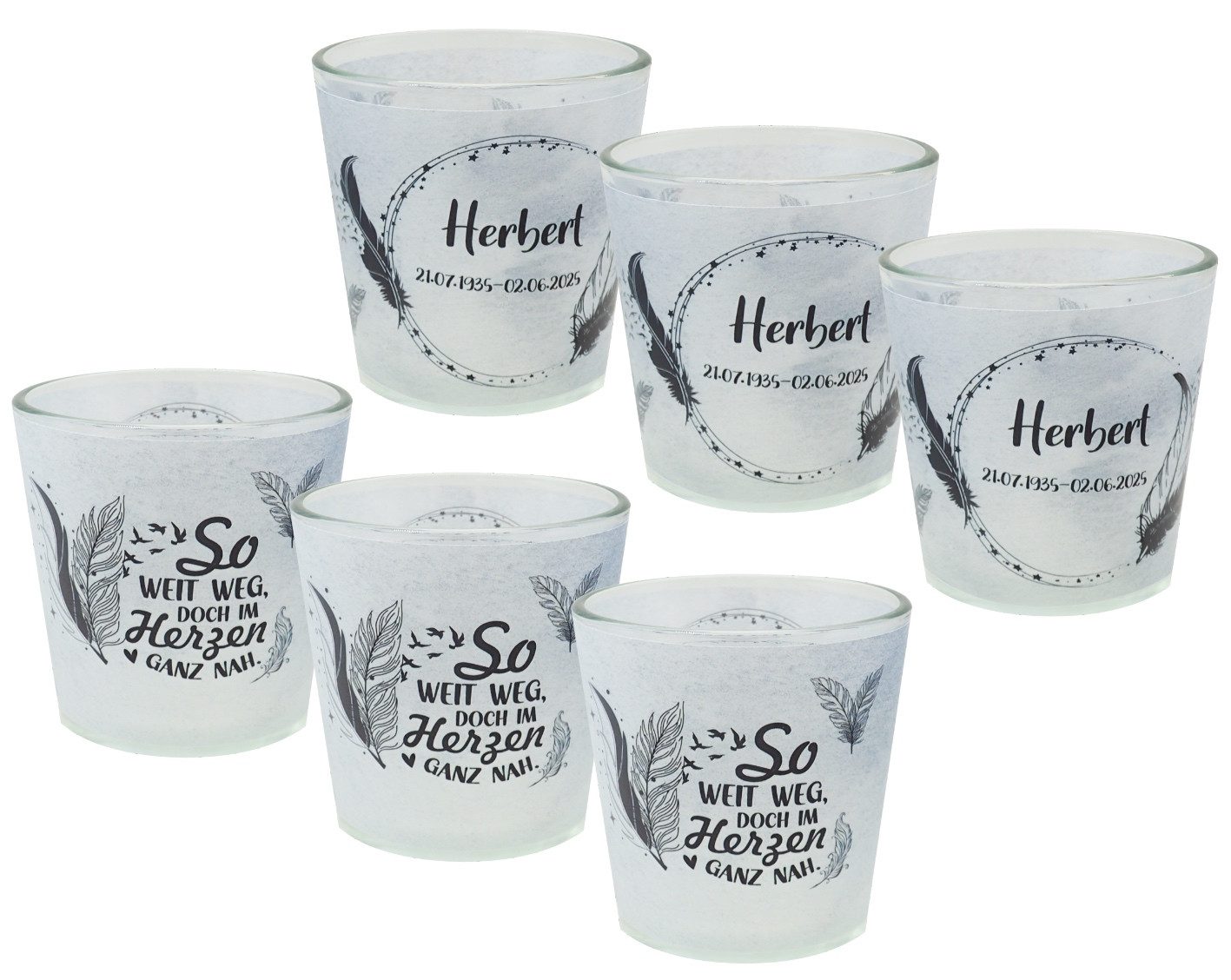 Windlicht Windlicht Banderole Federn Anteilnahme Trauer PERSONALISIERT 7,5cm H
