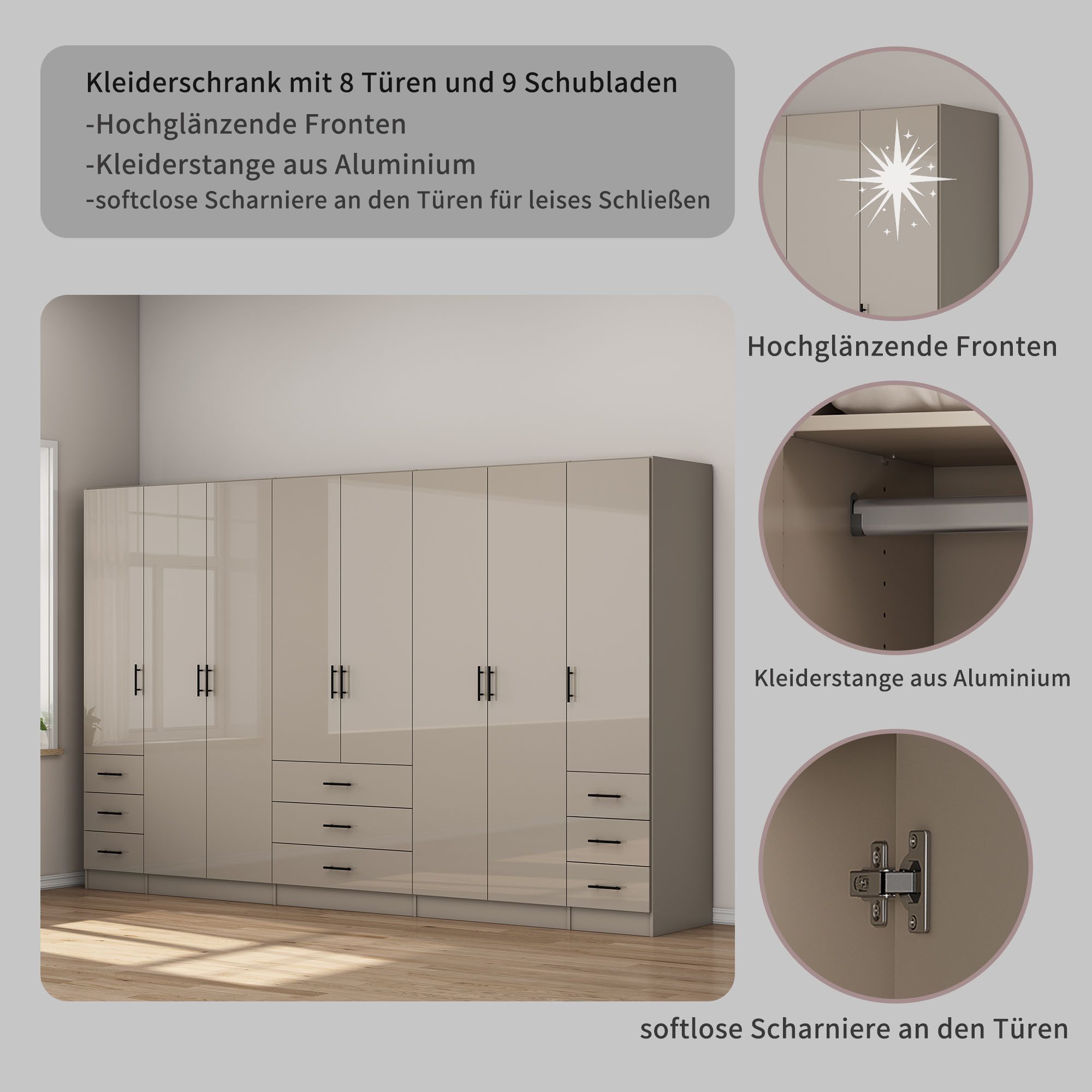OTTO home Kleiderschrank Trento Schlafzimmerschrank Garderobe hochglanz Schrank mit 8 Türen und 9 Schubladen, hochglänzende Fronten