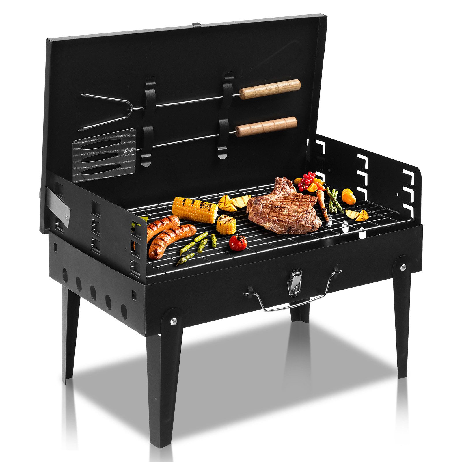 LALAHO Holzkohlegrill Holzkohlegrill Tragbarer mit Deckel, Tischgrill Klappgrill für Camping, Garten, 44 x 27 x 47 cm