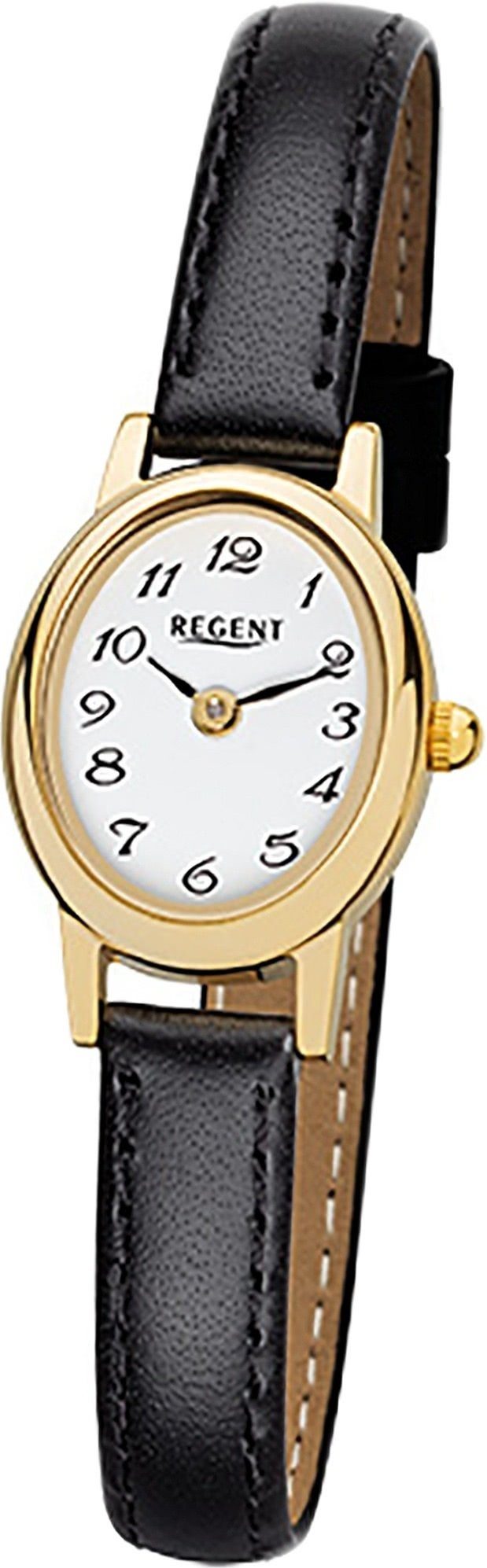 Regent Quarzuhr Regent Leder Damen Uhr F-977 Quarzuhr, (Analoguhr), Damenuhr mit Lederarmband, ovales Gehäuse, klein (ca. 18x21mm), Elegan