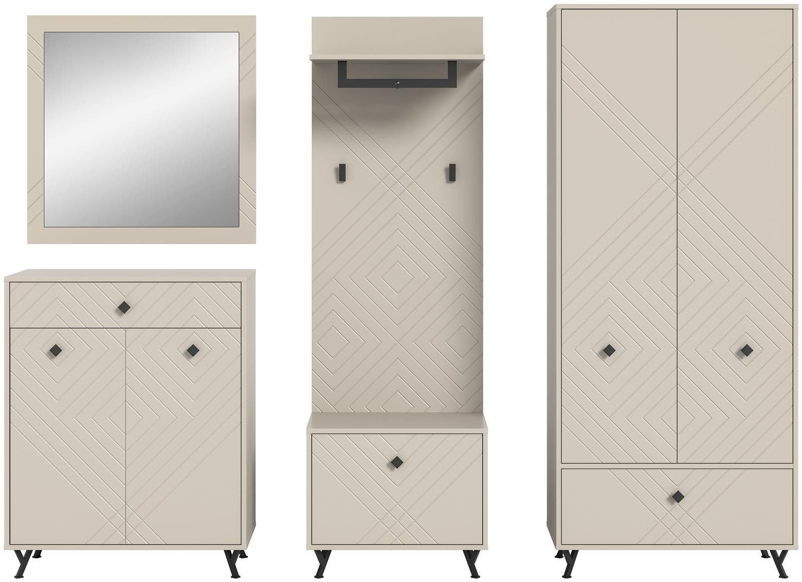 möbelvita Garderoben-Set Memo Garderobenkombination B/H/T 250x190x35 in sandbeige, (1x Garderobenschrank 1x Sitzbank 1x Paneel 1x Schuhkommode 1x Spiegel), Front mit gefrästen Ornamenten