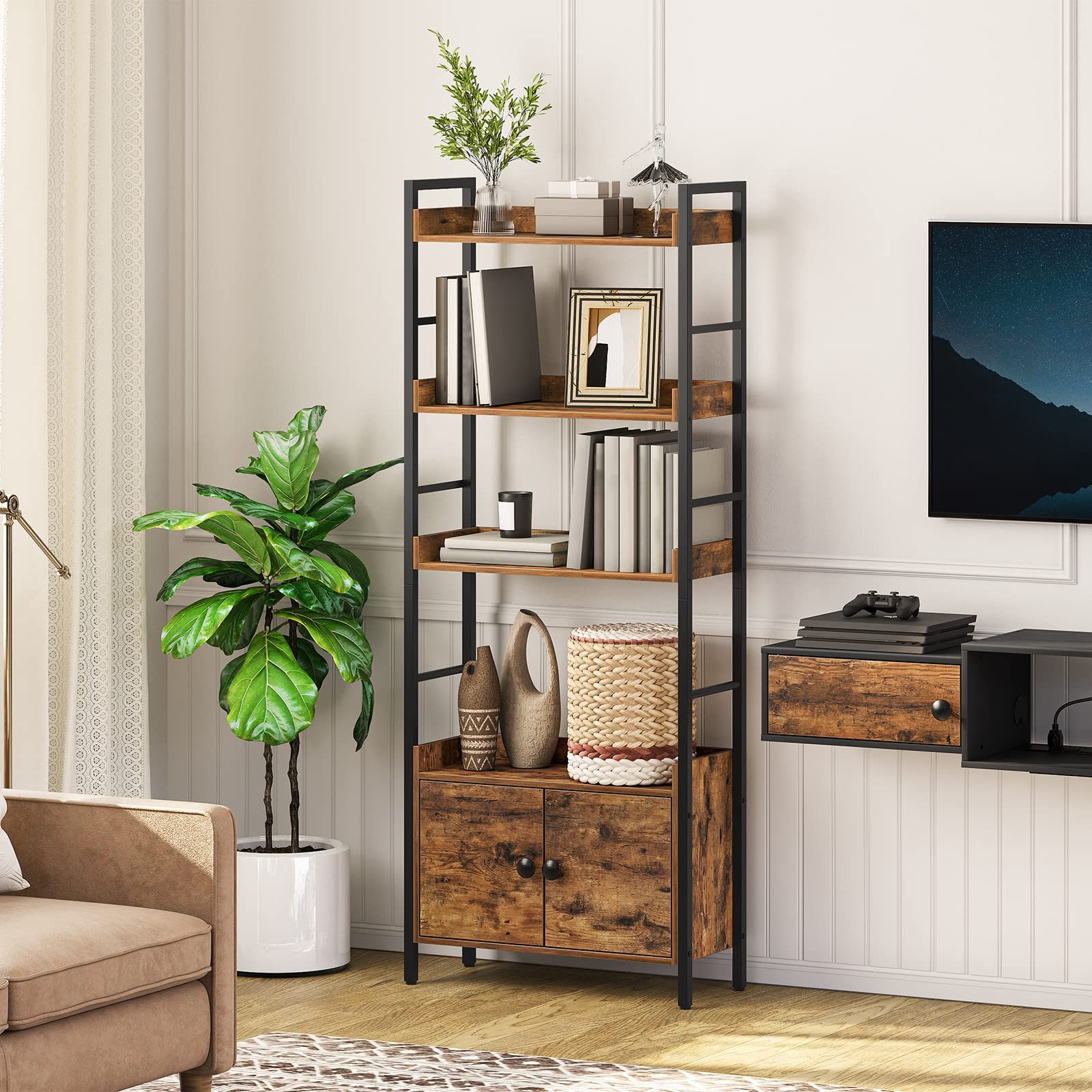 Hoobro Bücherregal Bücherschrank mit Türen und Ablage, Standregal, Aufbewahrungsregal mit 4 Ebenen, für Wohnzimmer, Büro, Küche, Arbeitszimmer und Flur