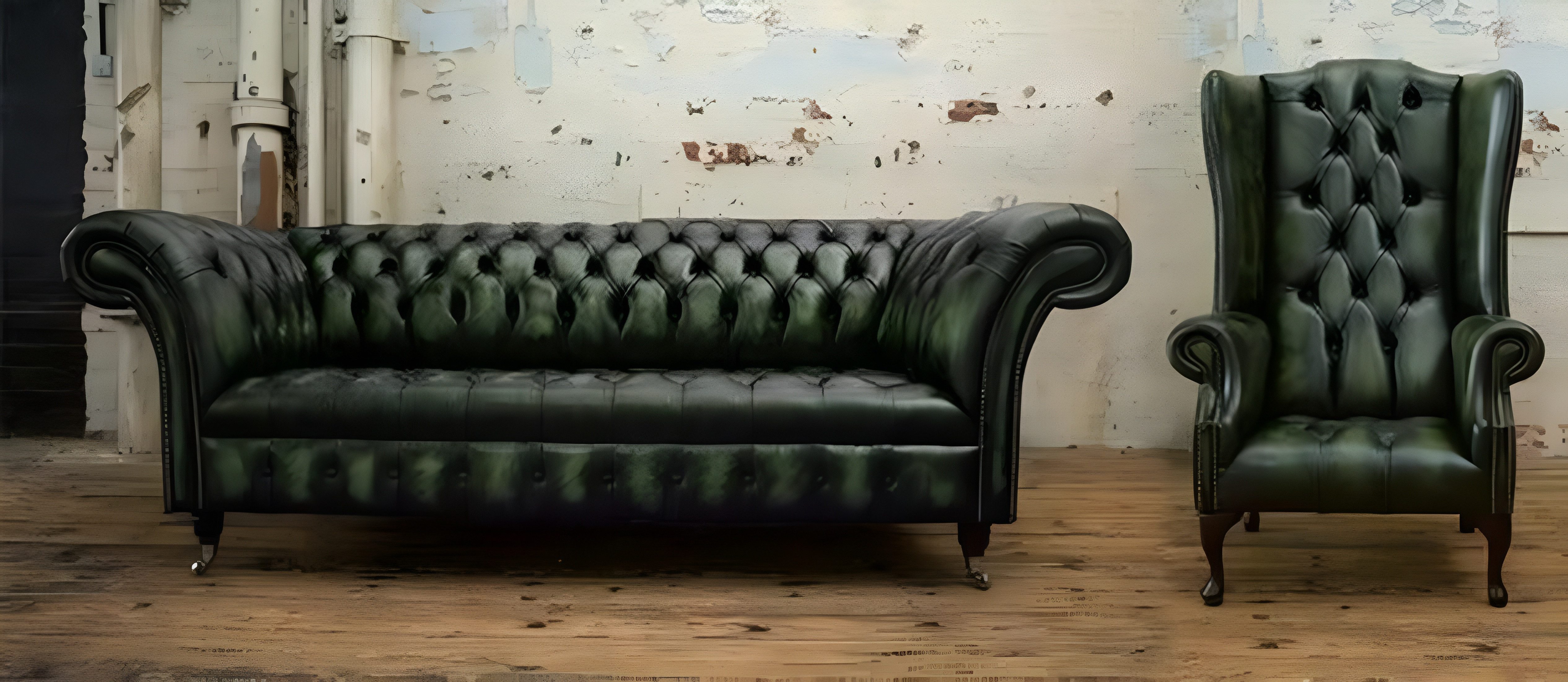 Xlmoebel Chesterfield-Sofa Exklusive Wohnzimmergarnitur im Chesterfield-Stil aus grünem Leder, Hergestellt in Europa
