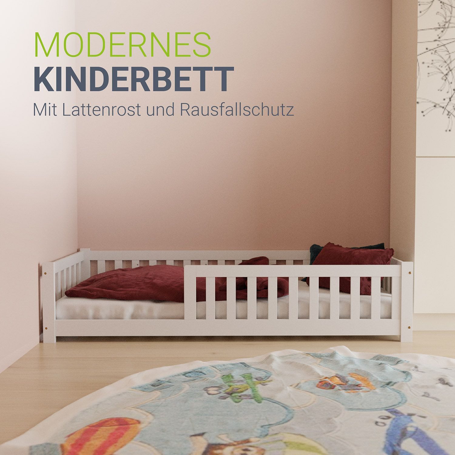 Juskys Kinderbett Naya, 120x200 cm Bodenbett aus Holz, mit Rausfallschutz & günstig online kaufen