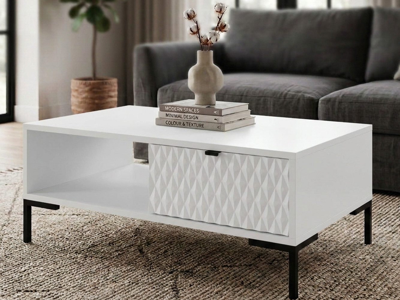 Beautysofa Couchtisch MONTREAL 100 cm mit Schublade und offenem Fach (Metallfüße, Metallgriff, Weiß oder Kaschmir), Wohnzimmertisch mit dekorative 3D-Front