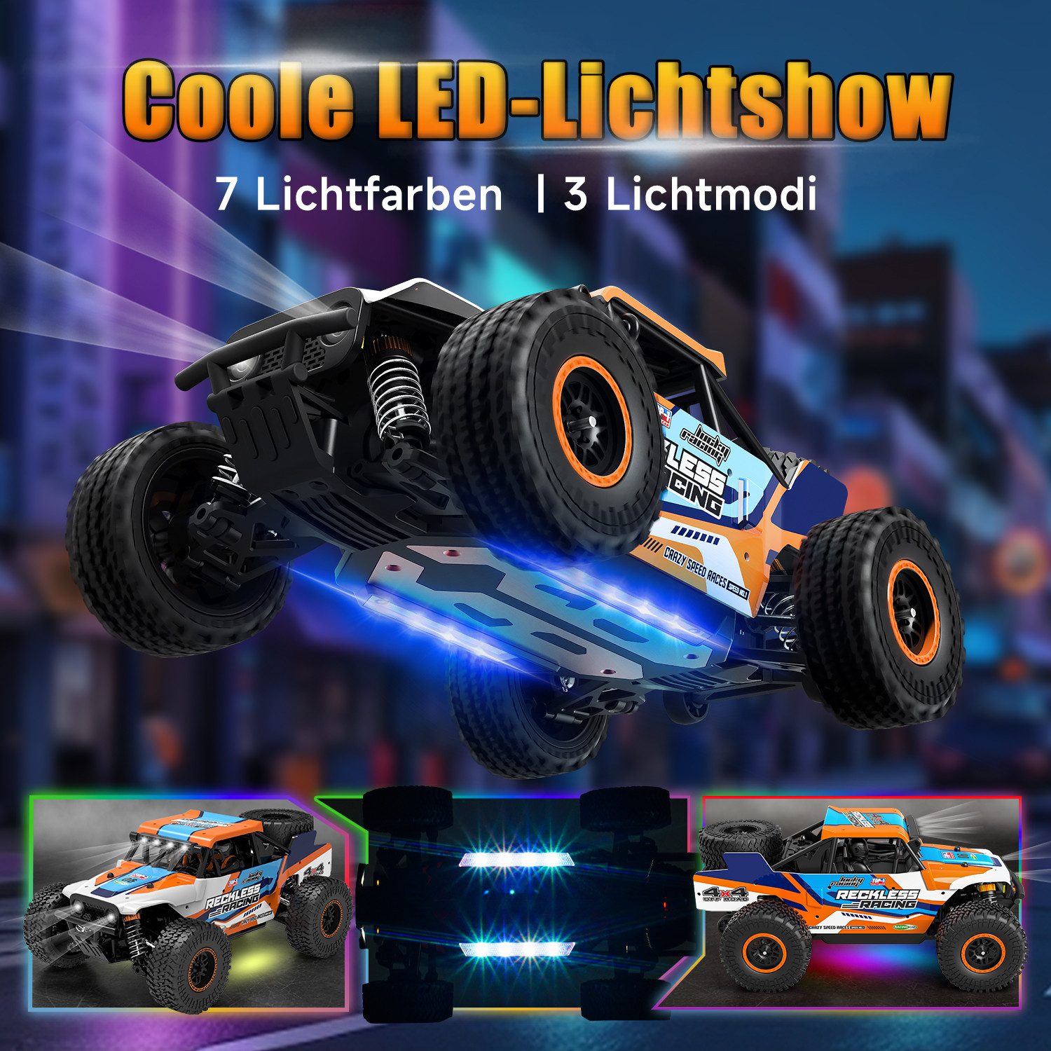 Esun RC-Auto Ferngesteuertes Auto mit 7 Farben Lichtern, 32KM/H RC Auto 1/18 (SET, 2.4GHz Ferngesteuerter Monstertruck), RC Monstertruck Gebürsteter mit Ersatzreifen