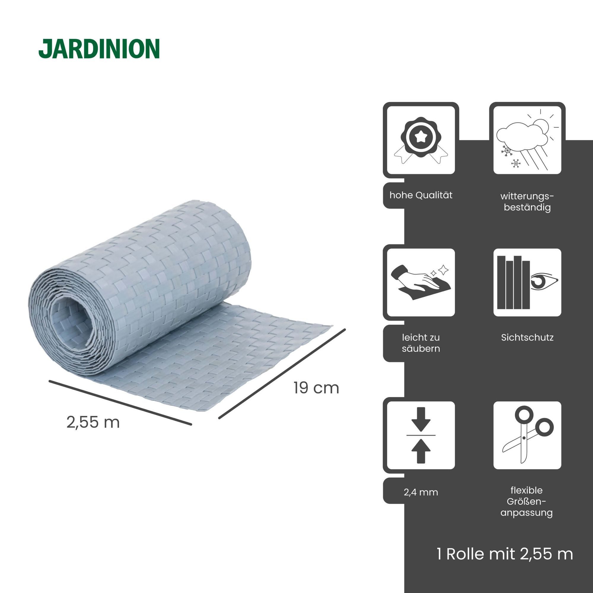 Jardinion Sichtschutzstreifen Sichtschutzstreifen Rattan Optik, (250 x 19 cm, hellgrau, 1-St), Sichtschutz für Balkon, Terrasse- und Gartenzaun