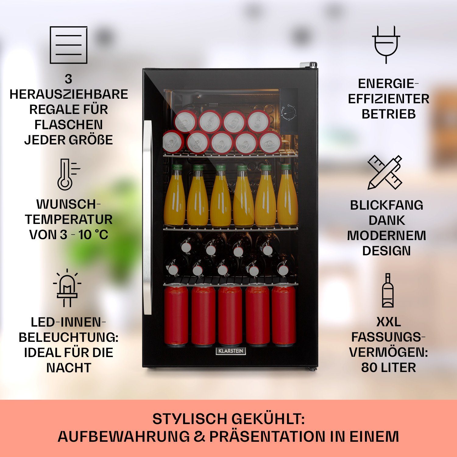 Klarstein Getränkekühlschrank Beersafe XXL, 84.5 cm hoch, 47.4 cm breit, Bier Hausbar Getränkekühlschrank Flaschenkühlschrank Glastür