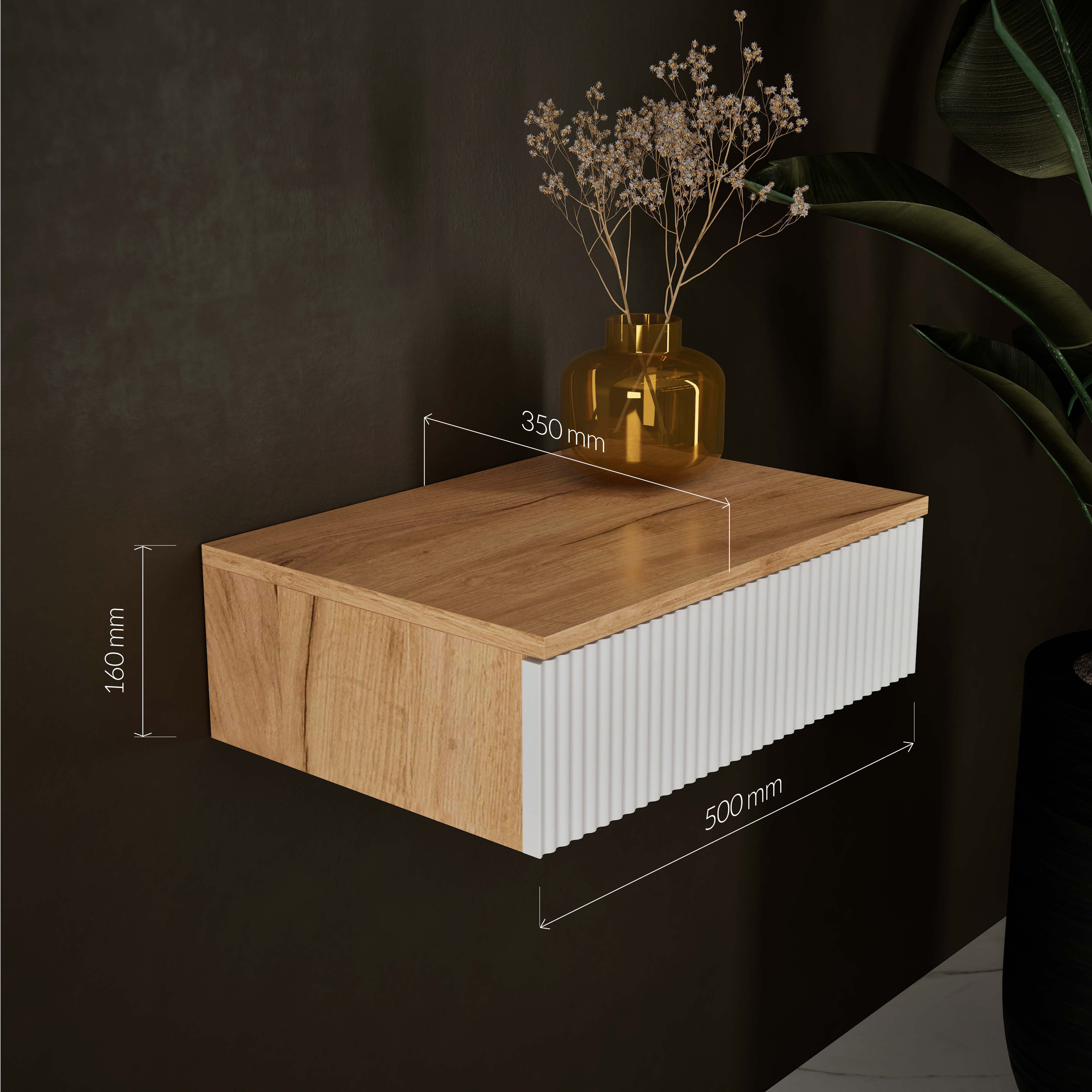 Planetmöbel Konsolentisch AMYRA (Wandmontage, 50 x 16 x 35 cm, 1-St., Gold Eiche - Weiß), Wand-Konsole für Garderobe, Flur und Schminktisch – Bild 5 von 5